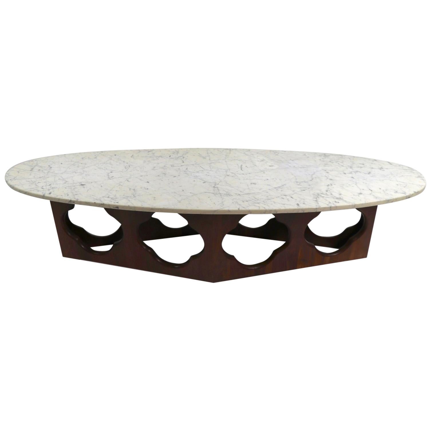 Mid Century  Surfboard Marble-Top Coffee Table with Walnut Quatrefoil Motif Base