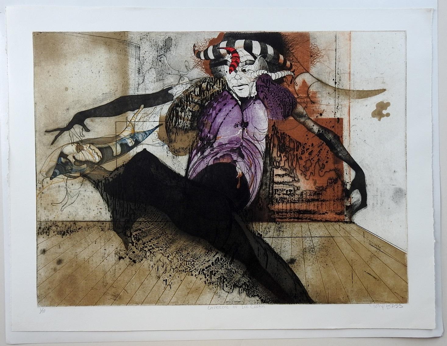 Circa 1970's abstract color etching on paper by Tony Bass ( b.1943) Texas. Signed, titled Emperor of Ice Cream and numbered 1/10 in pencil along lower margin. Abstract surreal figure in purple and black. Unframed.