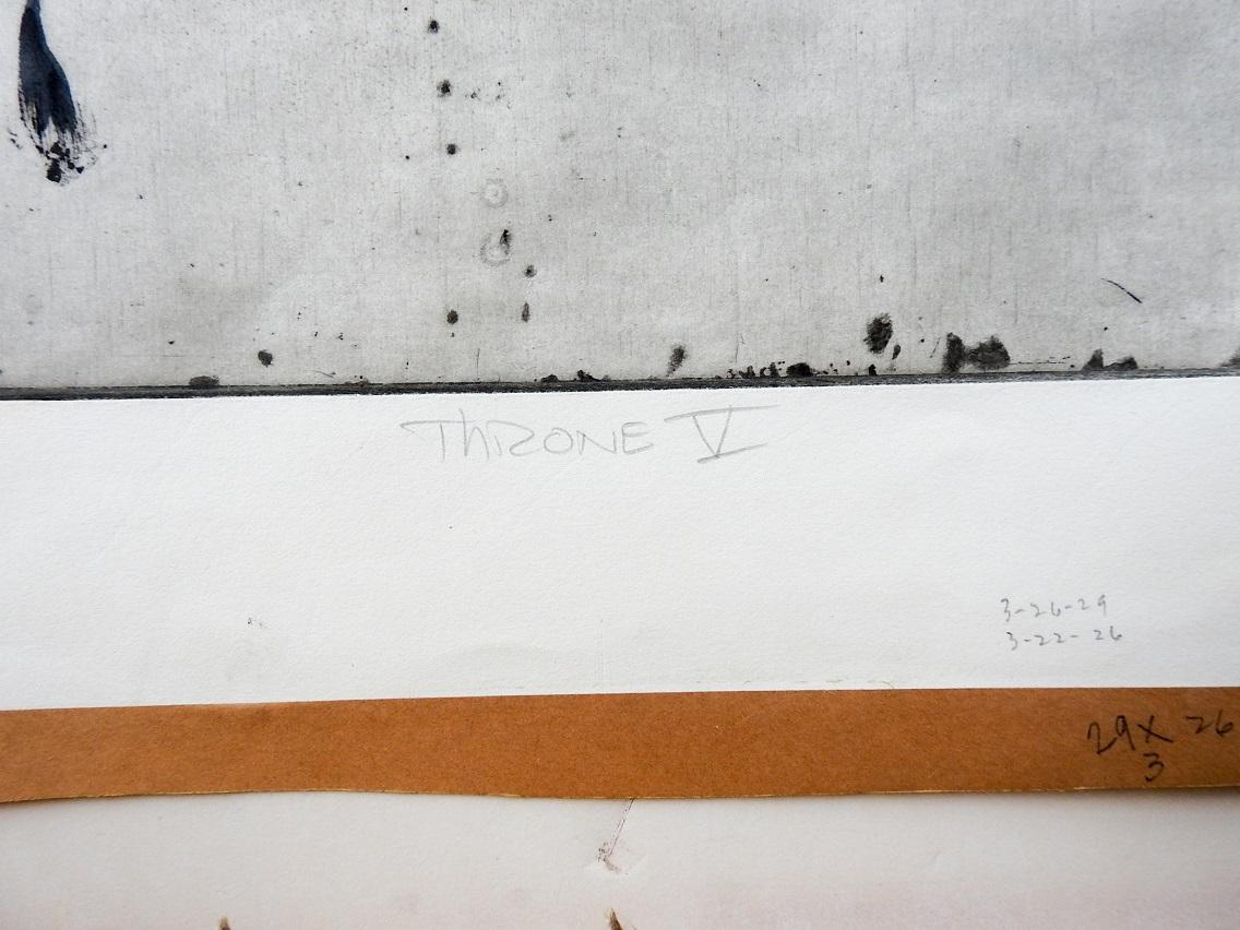 Circa 1970's abstract color etching on paper by Tony Bass ( b.1943) Texas. Signed, titled Throne V and numbered I (series) in pencil along lower margin. Unframed, tape remains around edge.