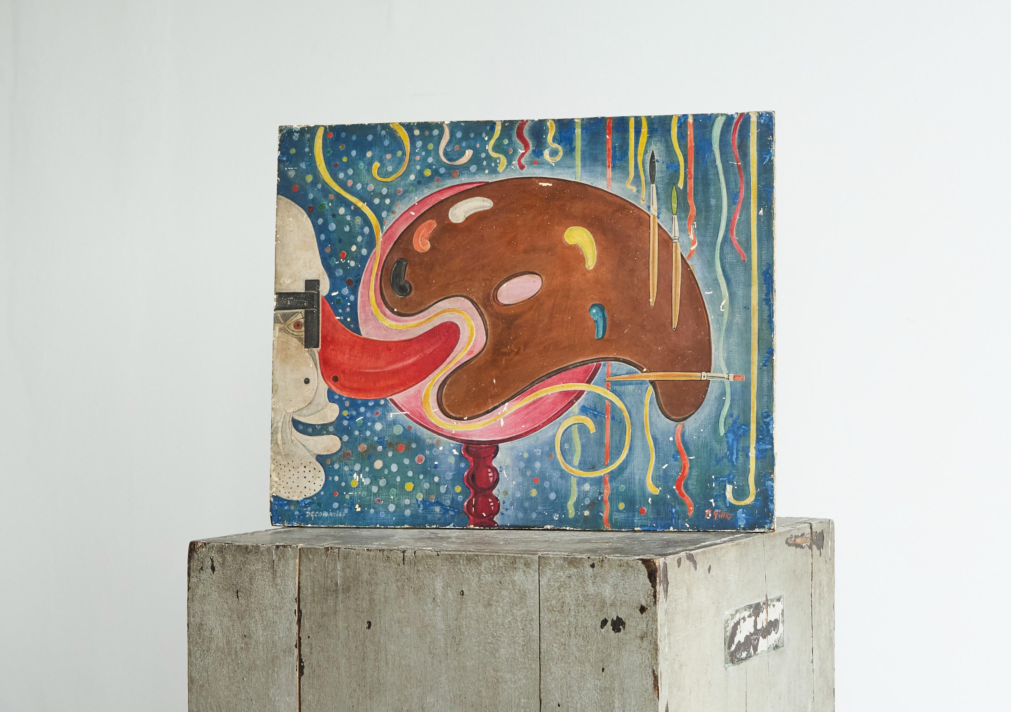 Mid Century Surrealist Hand Painted Art Panel Folk or Fairground Art, Europe, 1960s.

This is a very unique and strange piece of folk / fairground art from mid 20th century. Hand painted with great quality, this art panel depicts a surrealist scene