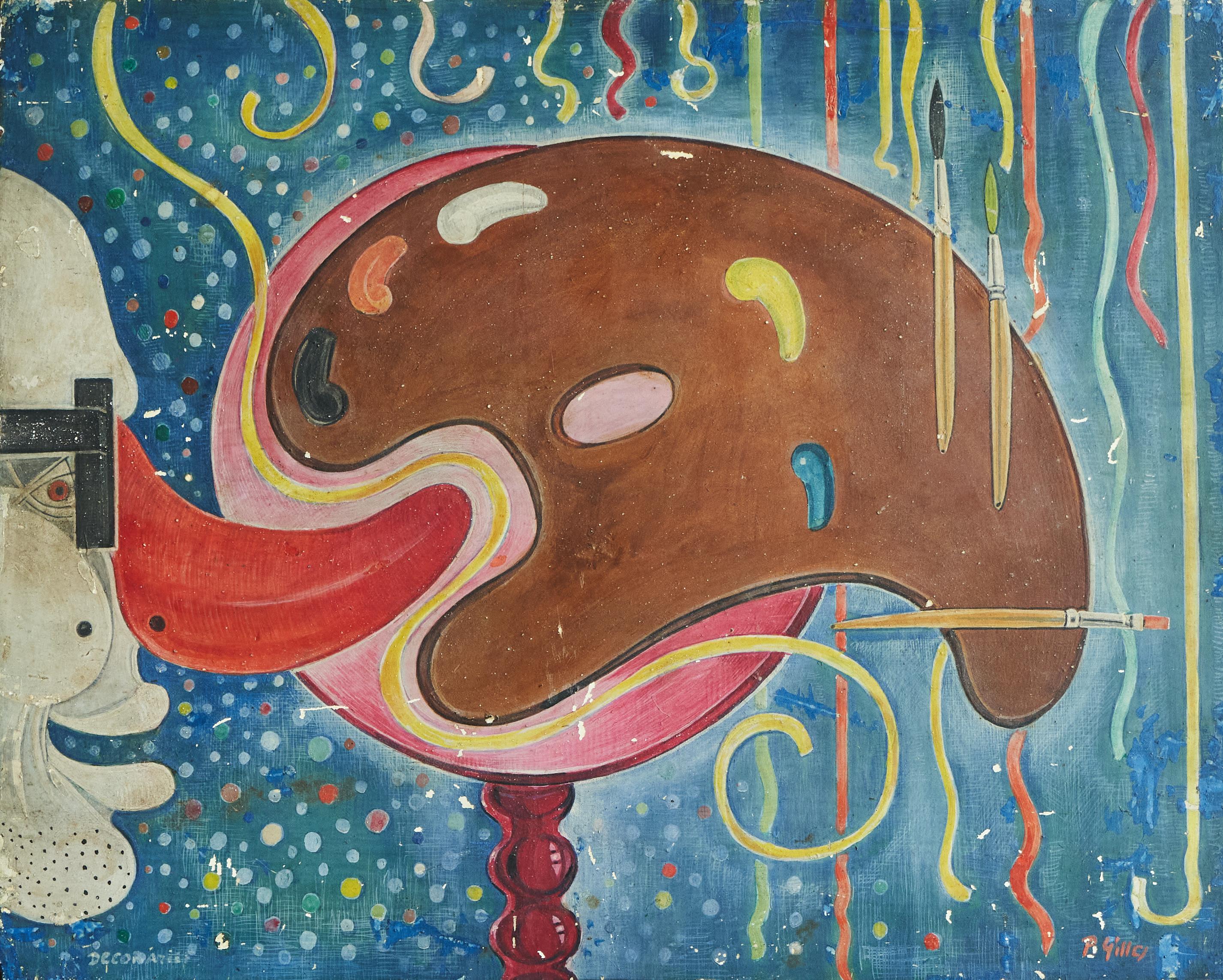 Folk Art Mid Century Surrealist Hand Painted Art Panel Folk or Fairground Art 1960s For Sale