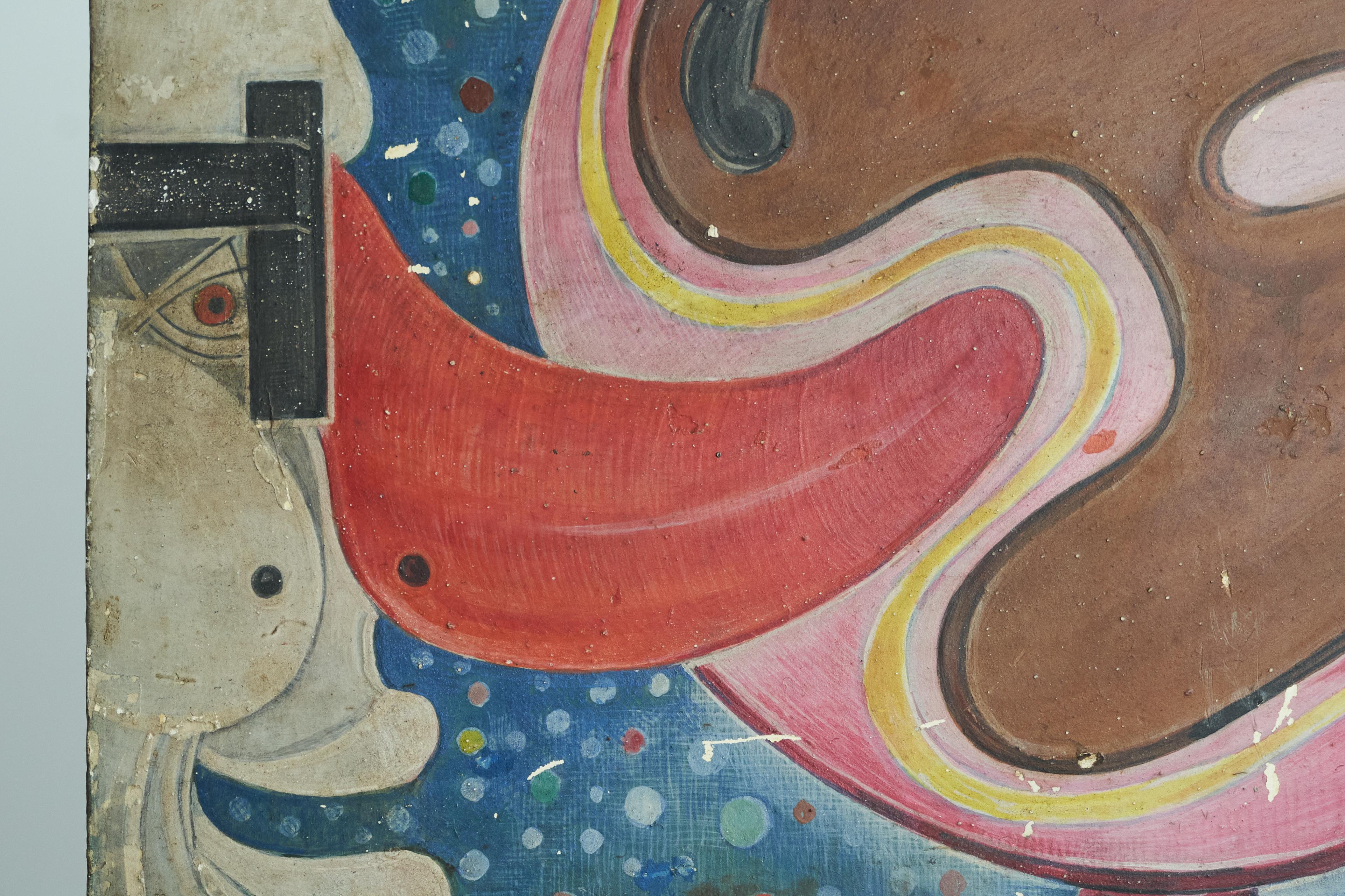European Mid Century Surrealist Hand Painted Art Panel Folk or Fairground Art 1960s For Sale
