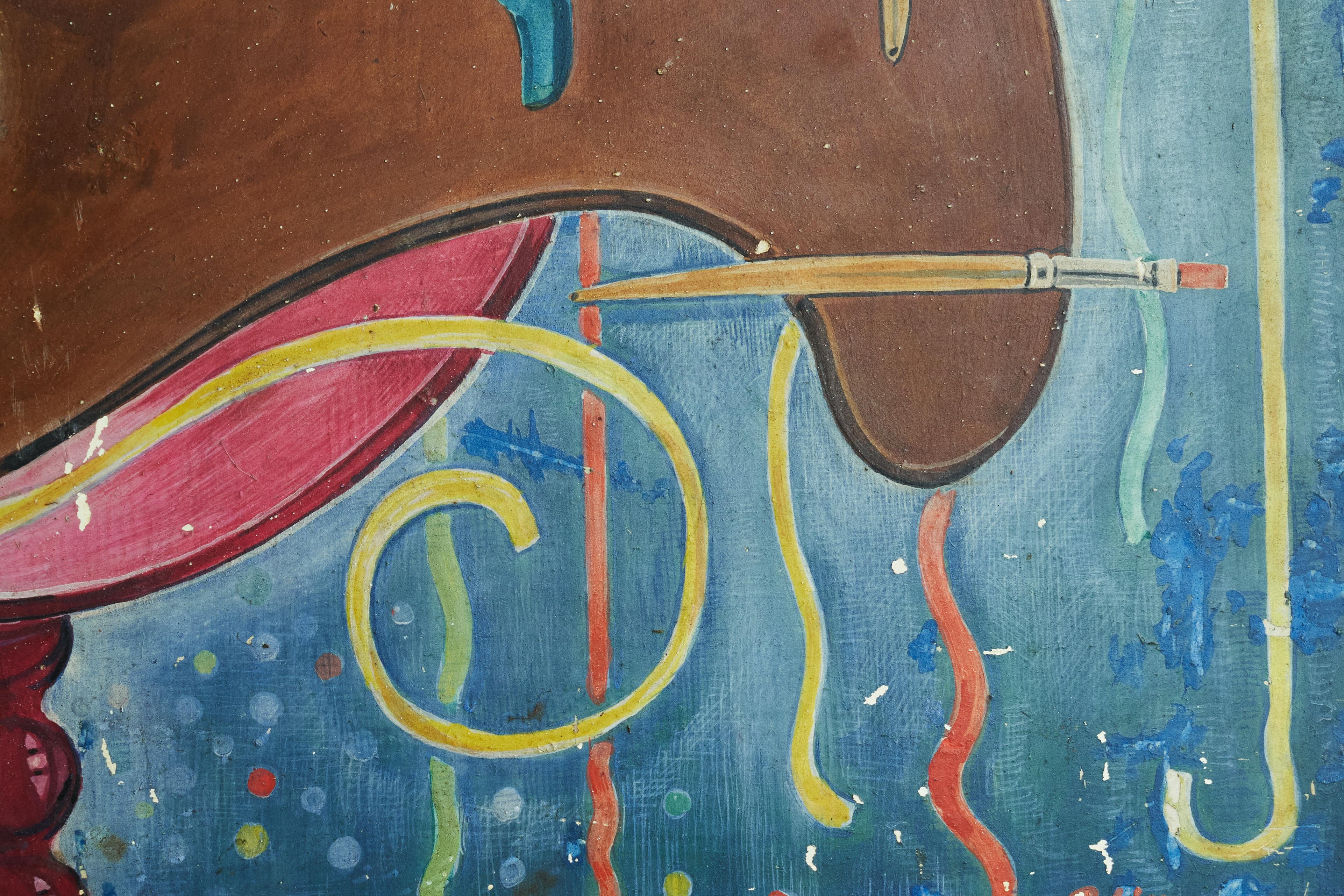 Hand-Crafted Mid Century Surrealist Hand Painted Art Panel Folk or Fairground Art 1960s For Sale