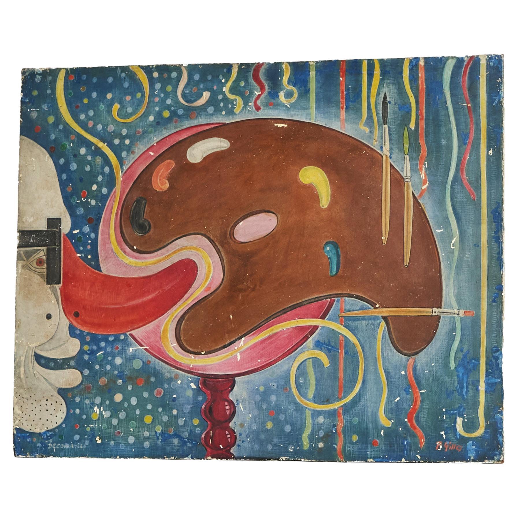 Pannello d'arte dipinto a mano surrealista della metà del secolo scorso Arte popolare o da fiera 1960