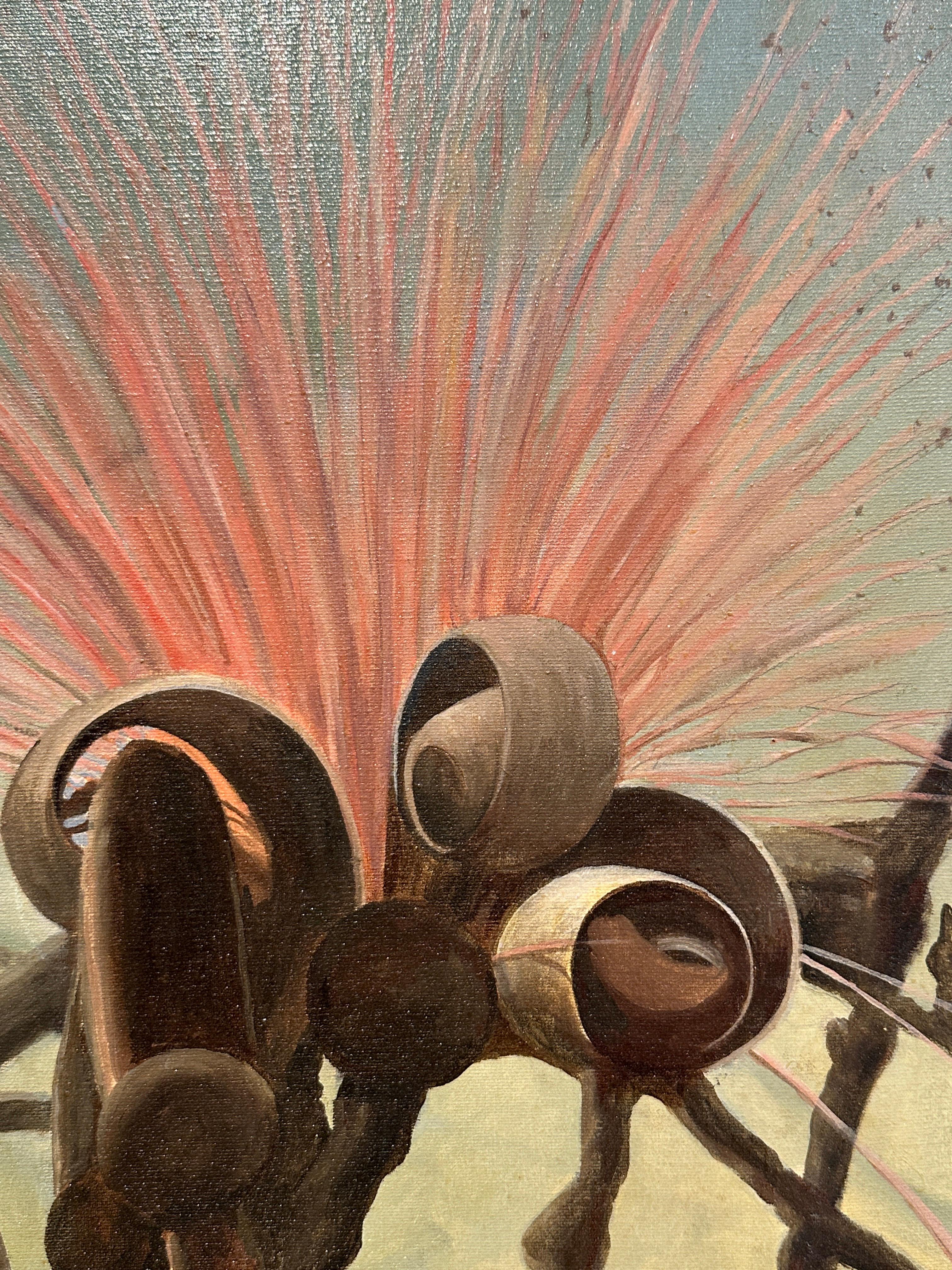 Surrealistisches Stilleben einer stilisierten Distelblume aus der Mitte des Jahrhunderts in originalem Vintage-Rahmen. 
Gezeichnet JM Macleod. 