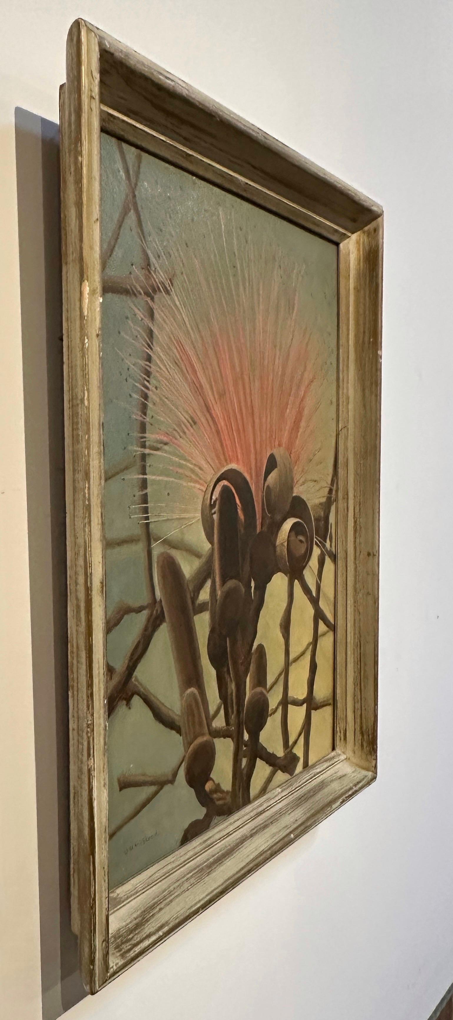 Surrealistisches Stillleben aus der Mitte des Jahrhunderts mit stilisierter Distel und Blumengemälde (Moderne) im Angebot
