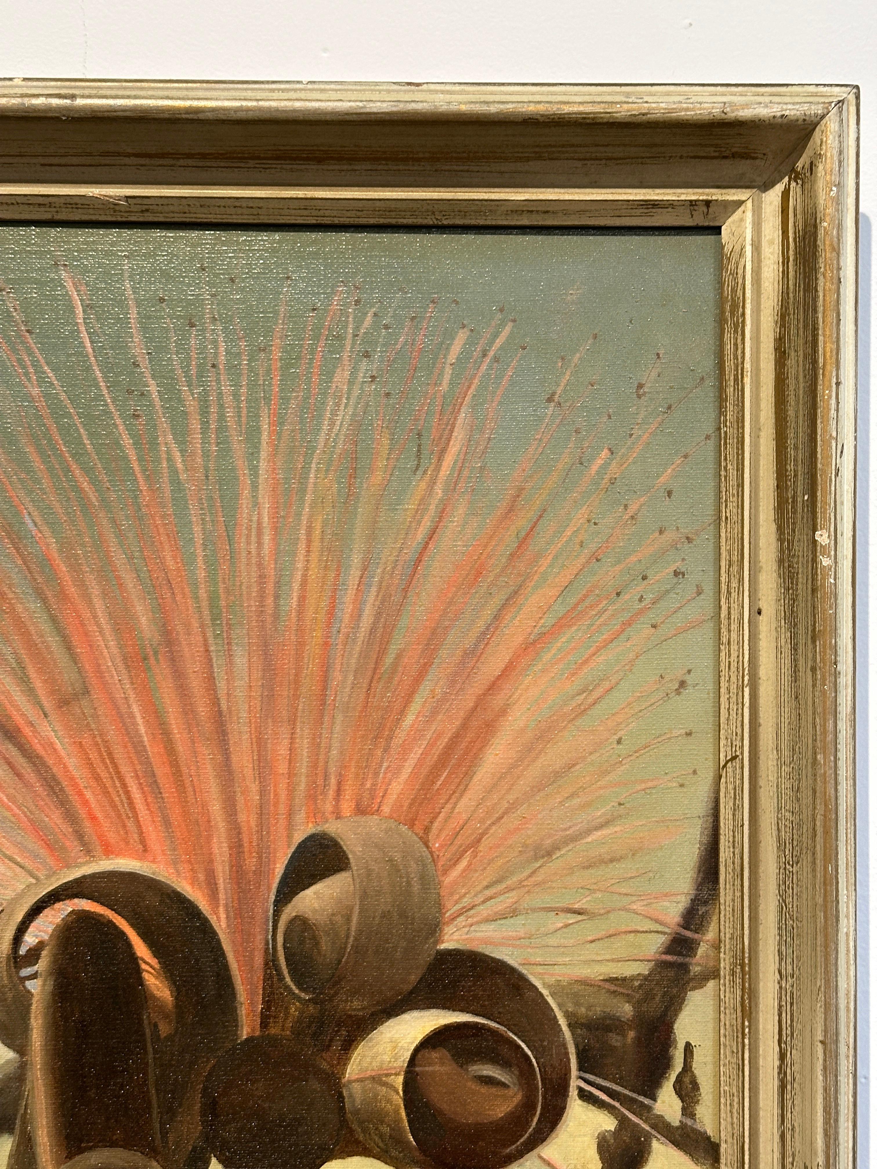 Surrealistisches Stillleben aus der Mitte des Jahrhunderts mit stilisierter Distel und Blumengemälde (amerikanisch) im Angebot