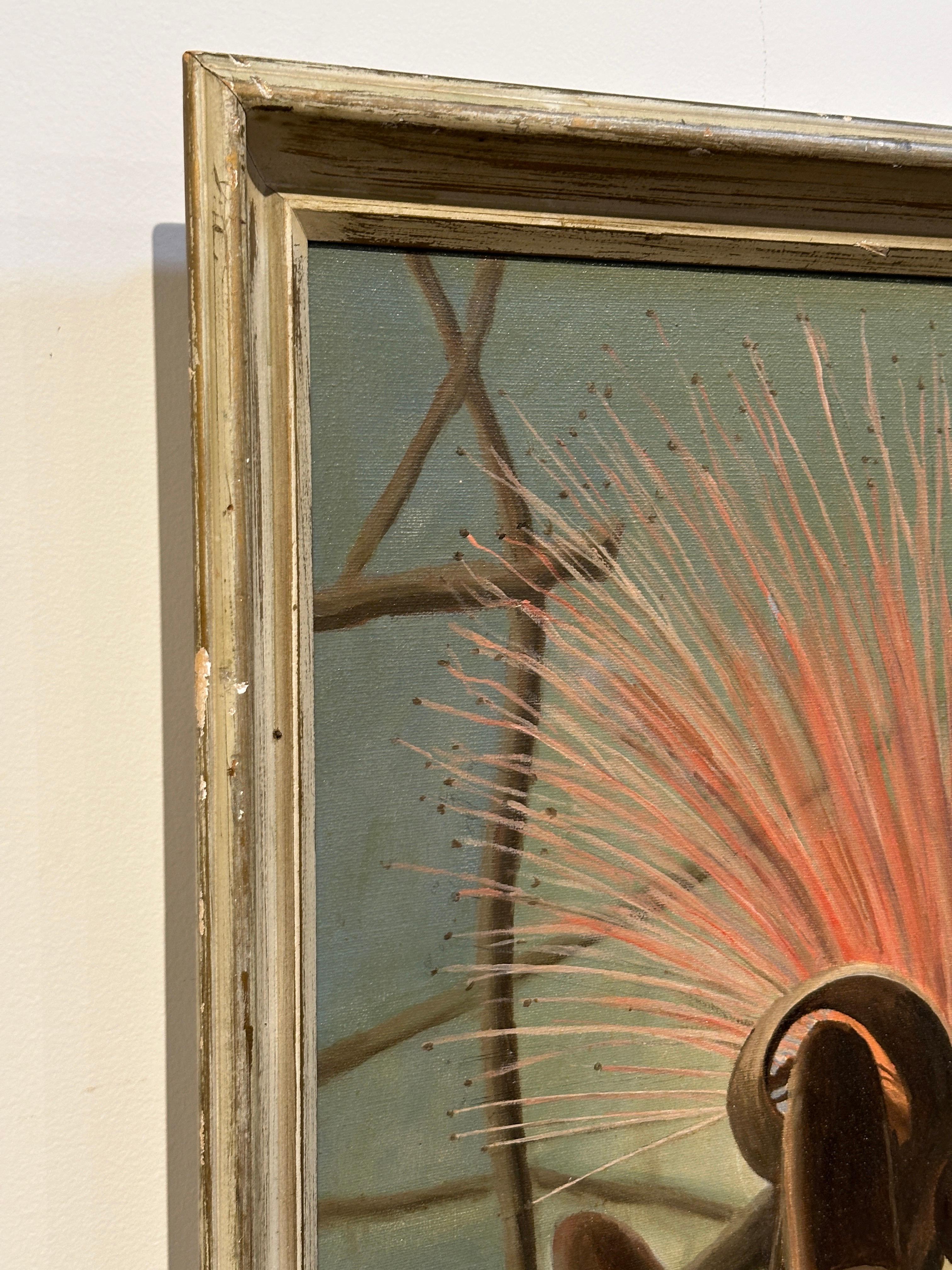 Surrealistisches Stillleben aus der Mitte des Jahrhunderts mit stilisierter Distel und Blumengemälde im Zustand „Gut“ im Angebot in Greensboro, NC