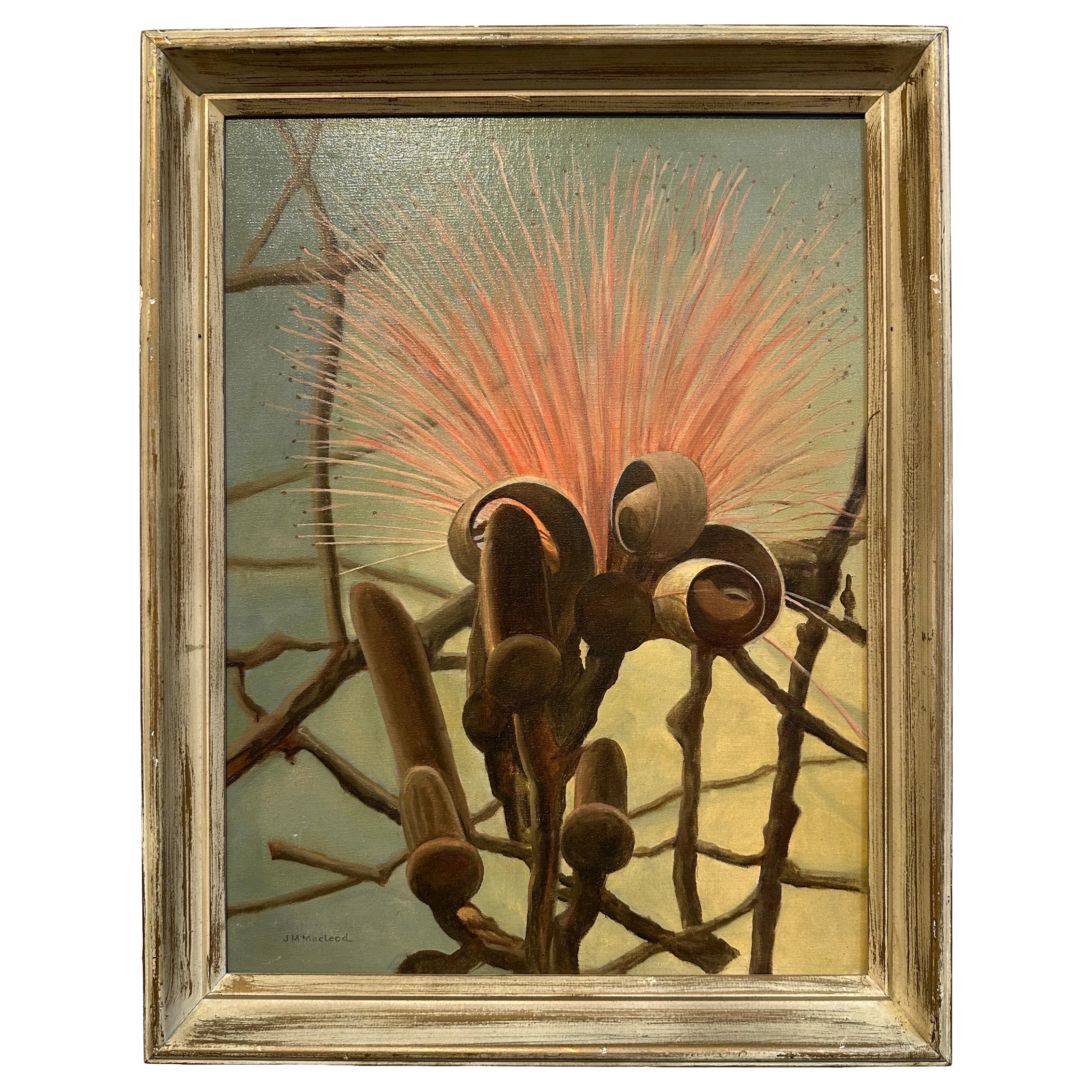 Surrealistisches Stillleben aus der Mitte des Jahrhunderts mit stilisierter Distel und Blumengemälde im Angebot