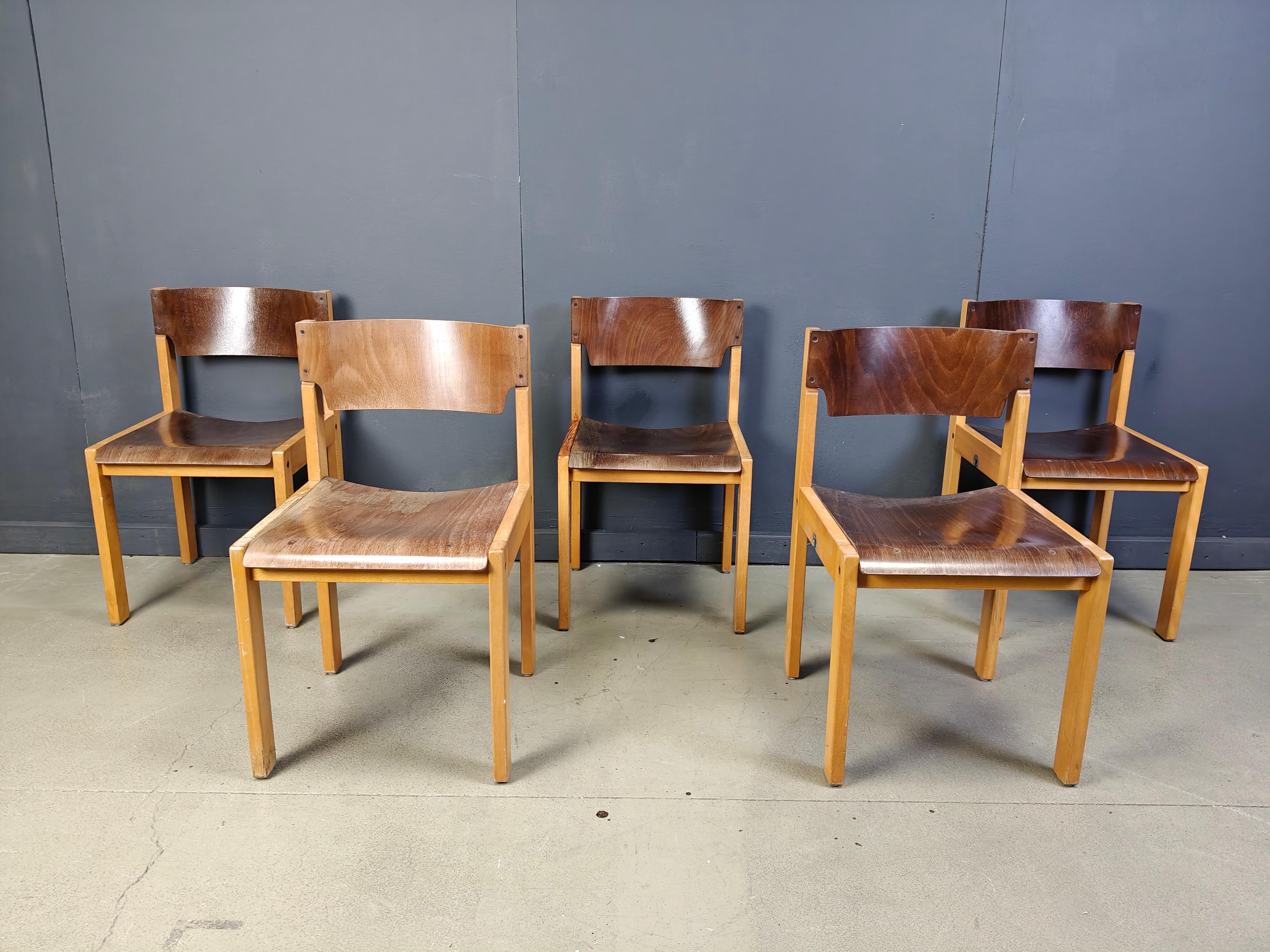 Mid-Century Sven Markelius Style Brown and Birch Stacking Chairs set of 5 For Sale 3