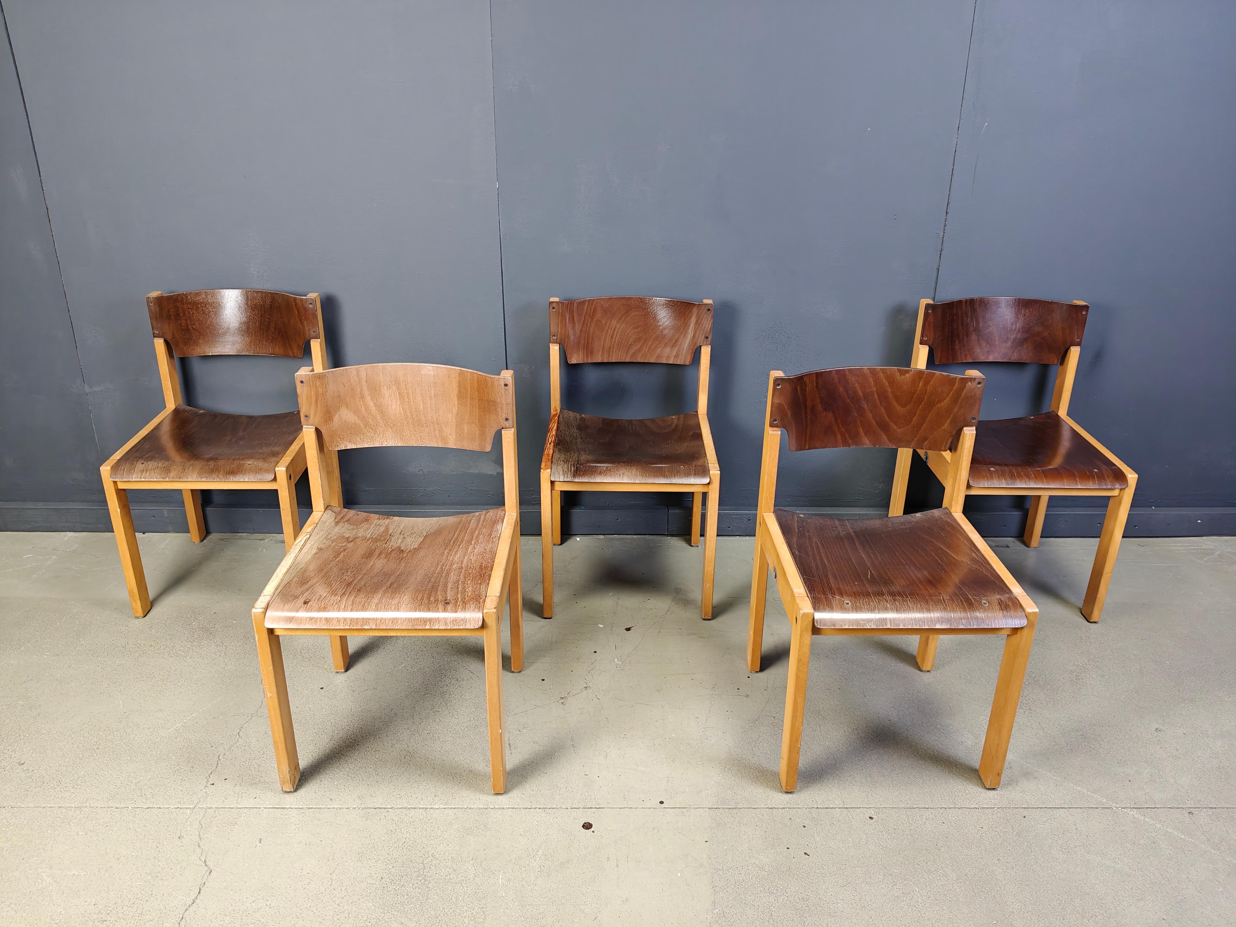 Mid-Century Sven Markelius Style Brown and Birch Stacking Chairs set of 5 For Sale 4