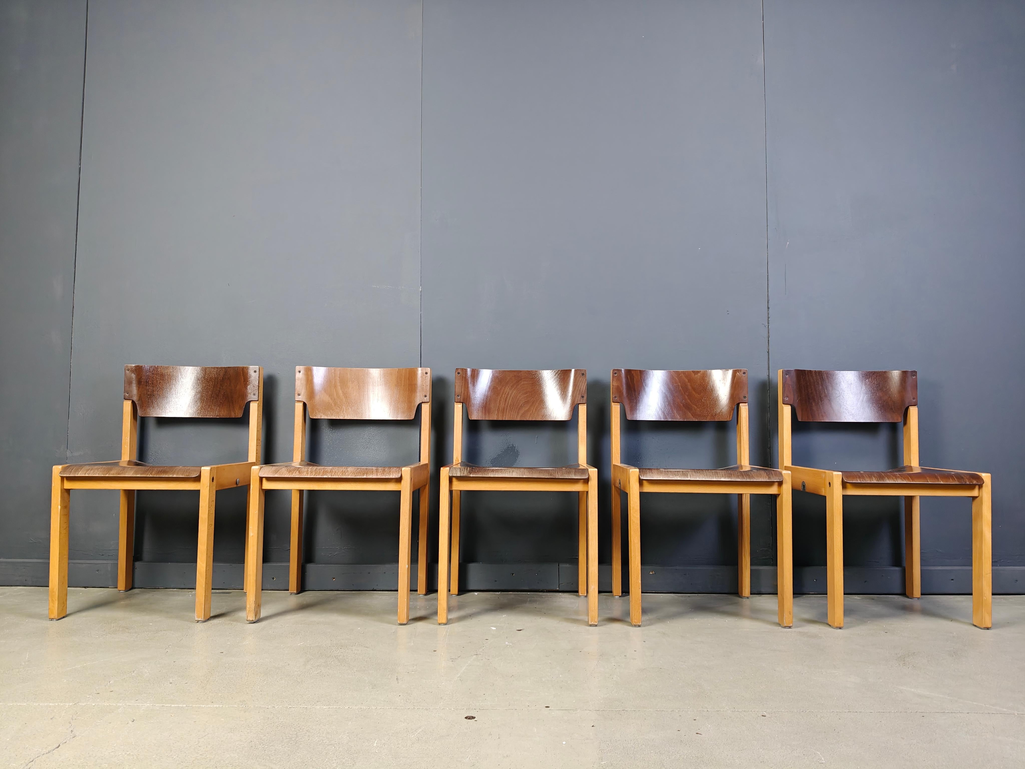 Late 20th Century Mid-Century Sven Markelius Style Brown and Birch Stacking Chairs set of 5 For Sale