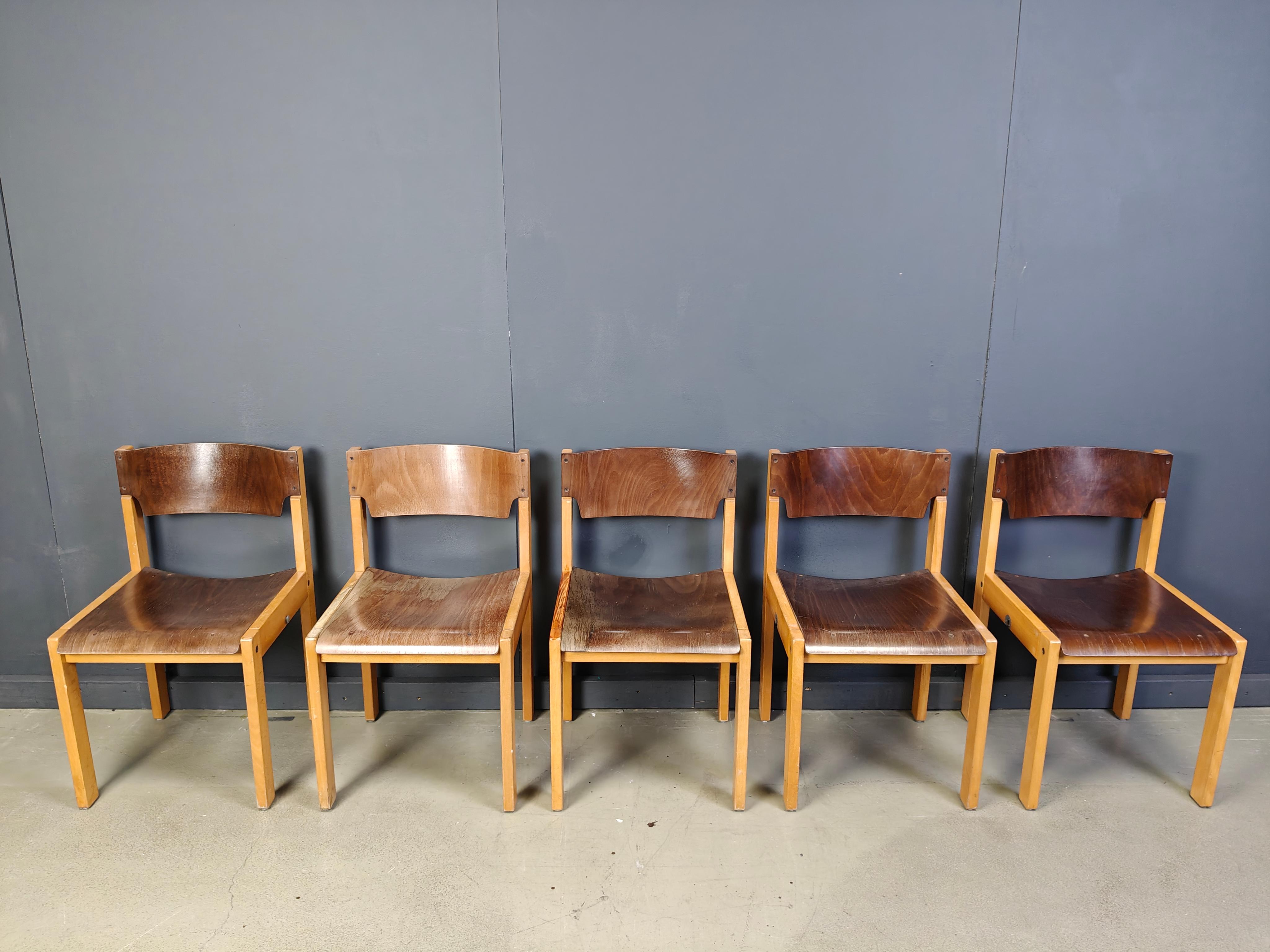 Wood Mid-Century Sven Markelius Style Brown and Birch Stacking Chairs set of 5 For Sale