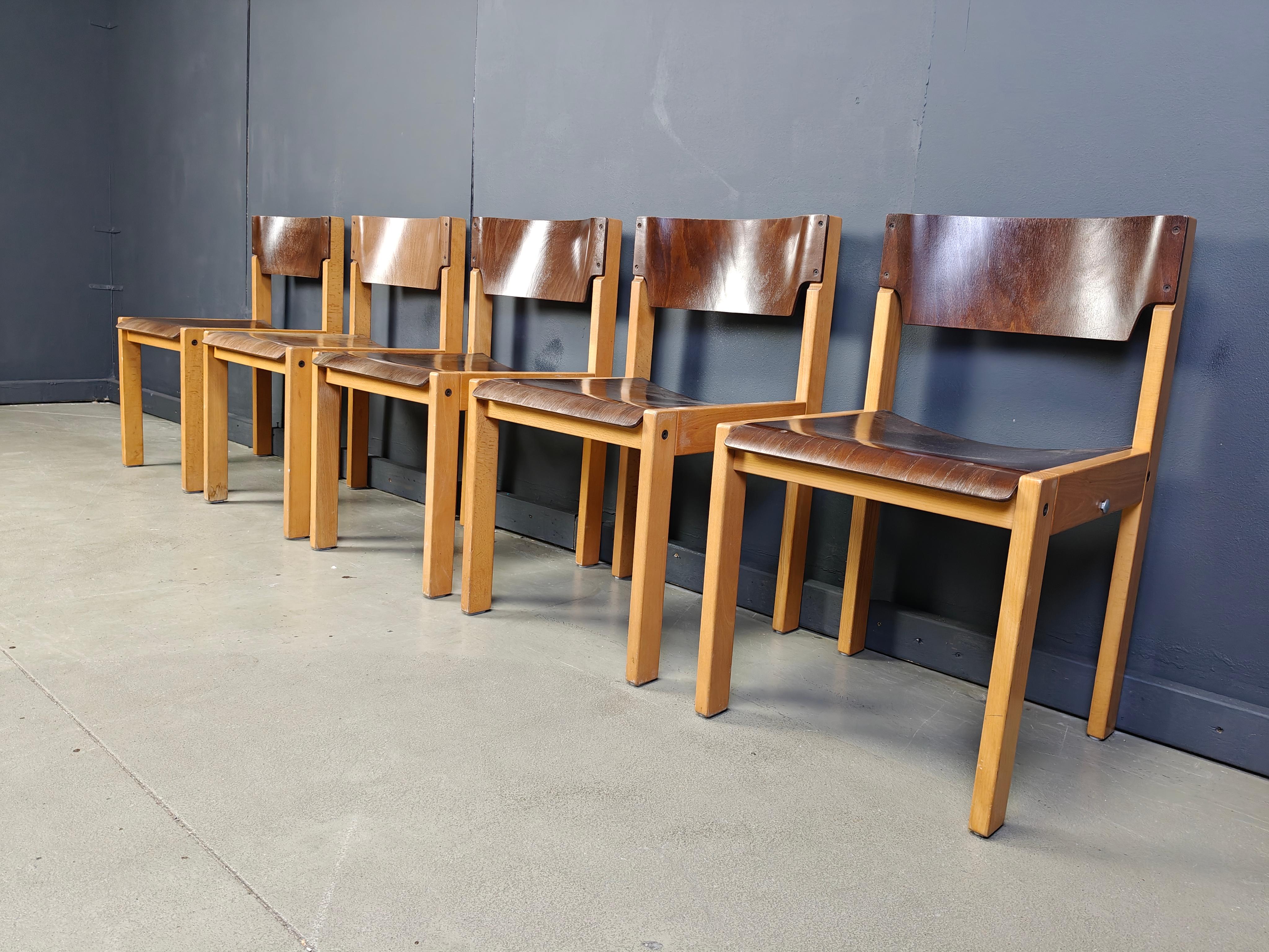 Mid-Century Sven Markelius Style Brown and Birch Stacking Chairs set of 5 For Sale 1