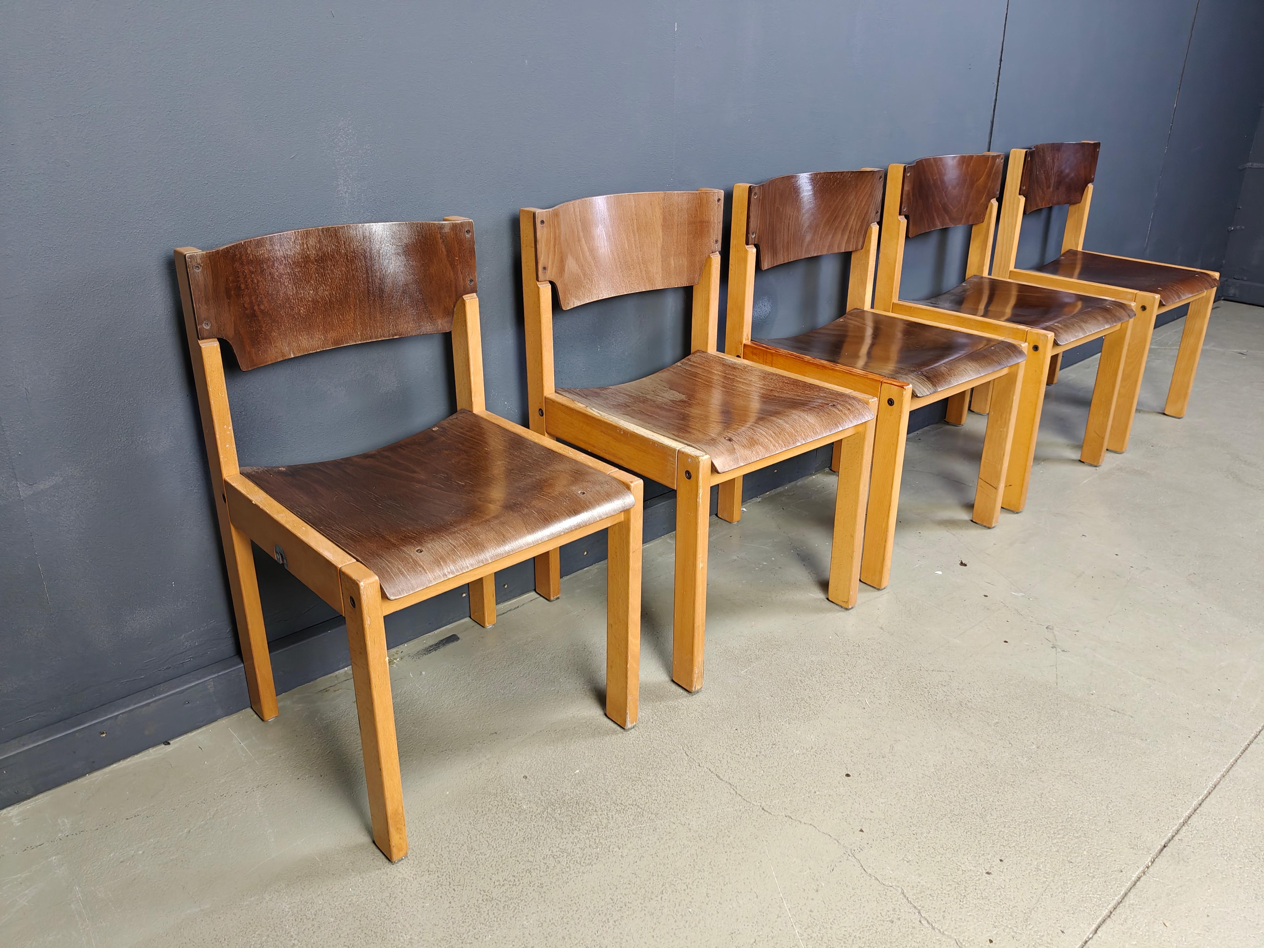 Mid-Century Sven Markelius Style Brown and Birch Stacking Chairs set of 5 For Sale 2