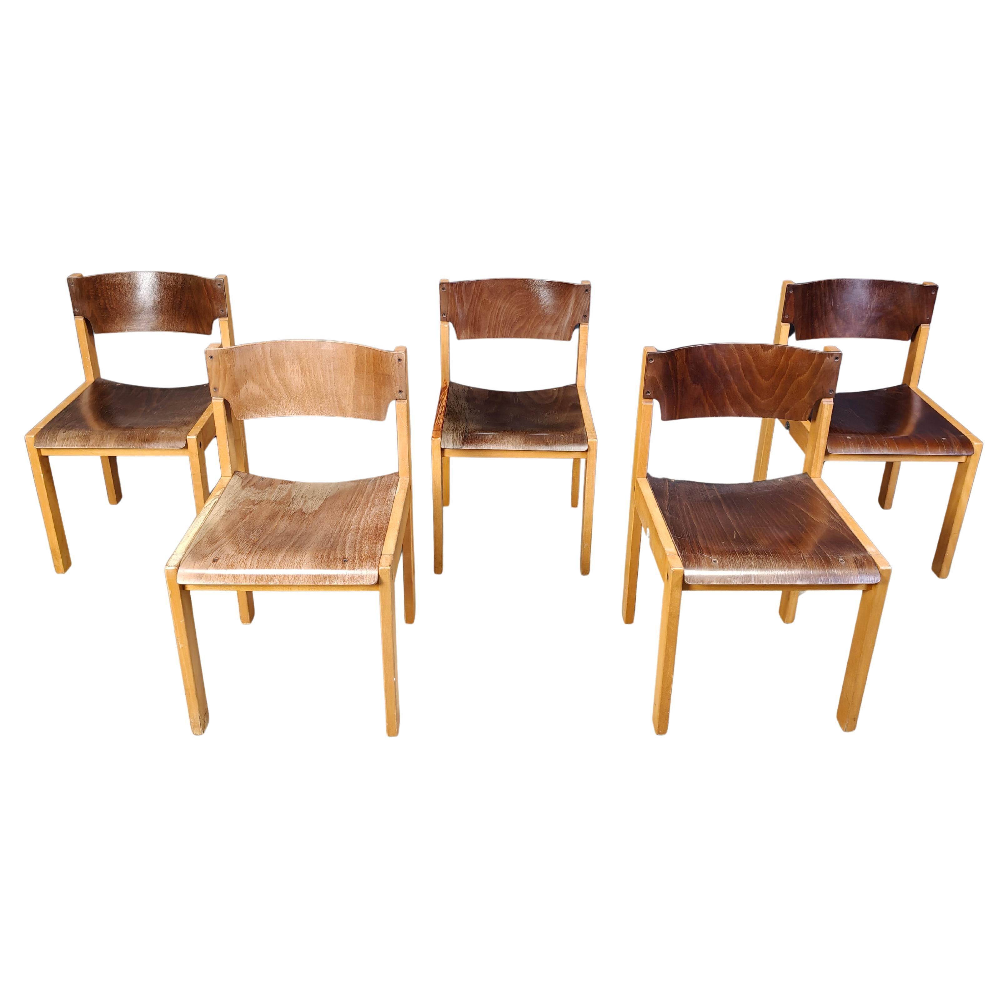 Mid-Century Sven Markelius Style Brown and Birch Stacking Chairs set of 5 For Sale