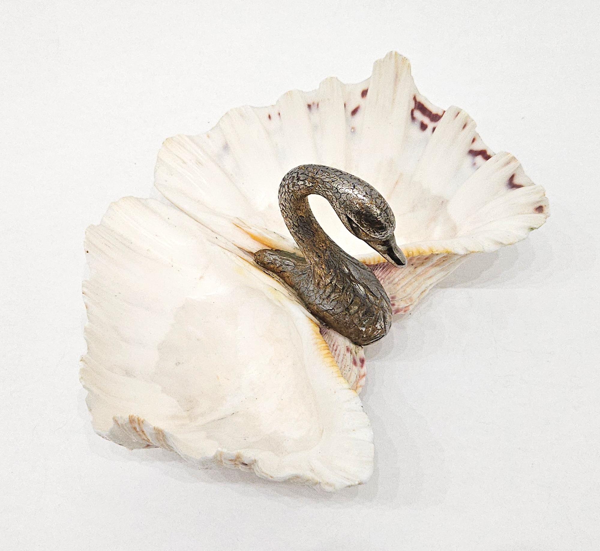 Metal Mid Century Swan Double Clam Shell Dish, Italy, c. 1970