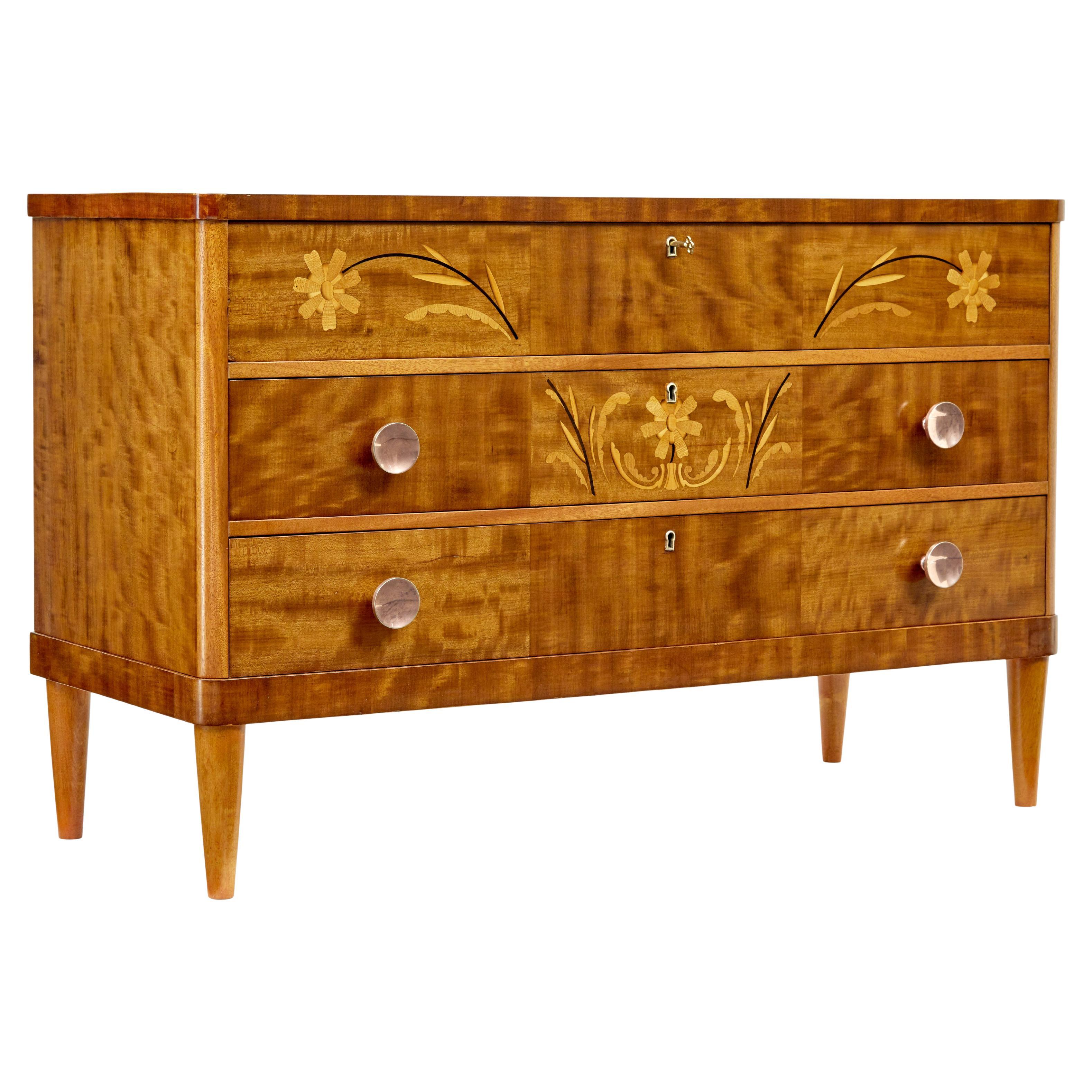 Mid century Swedish birch inlaid chest of drawers