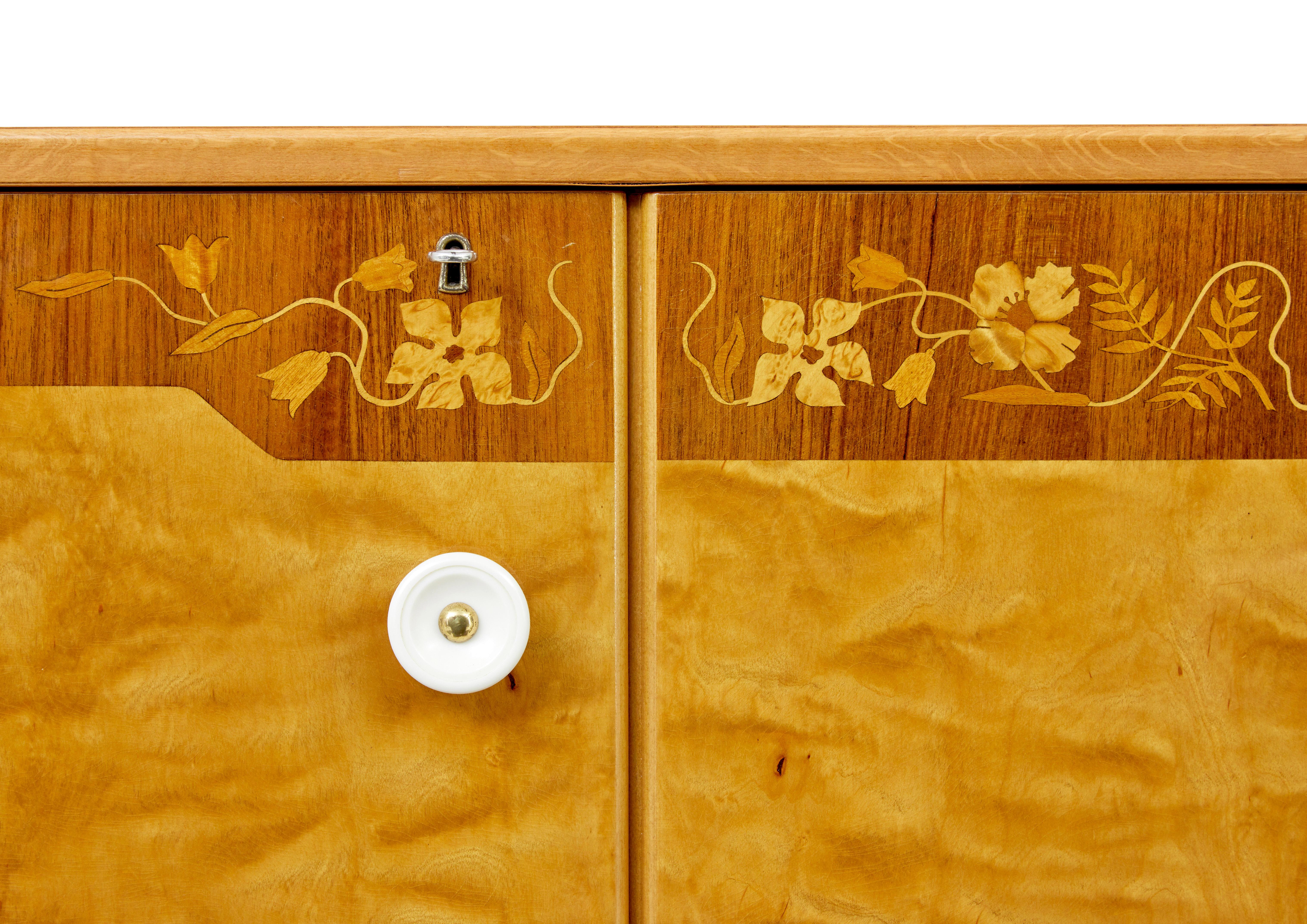 Hand-Carved Mid century Swedish birch inlaid sideboard For Sale