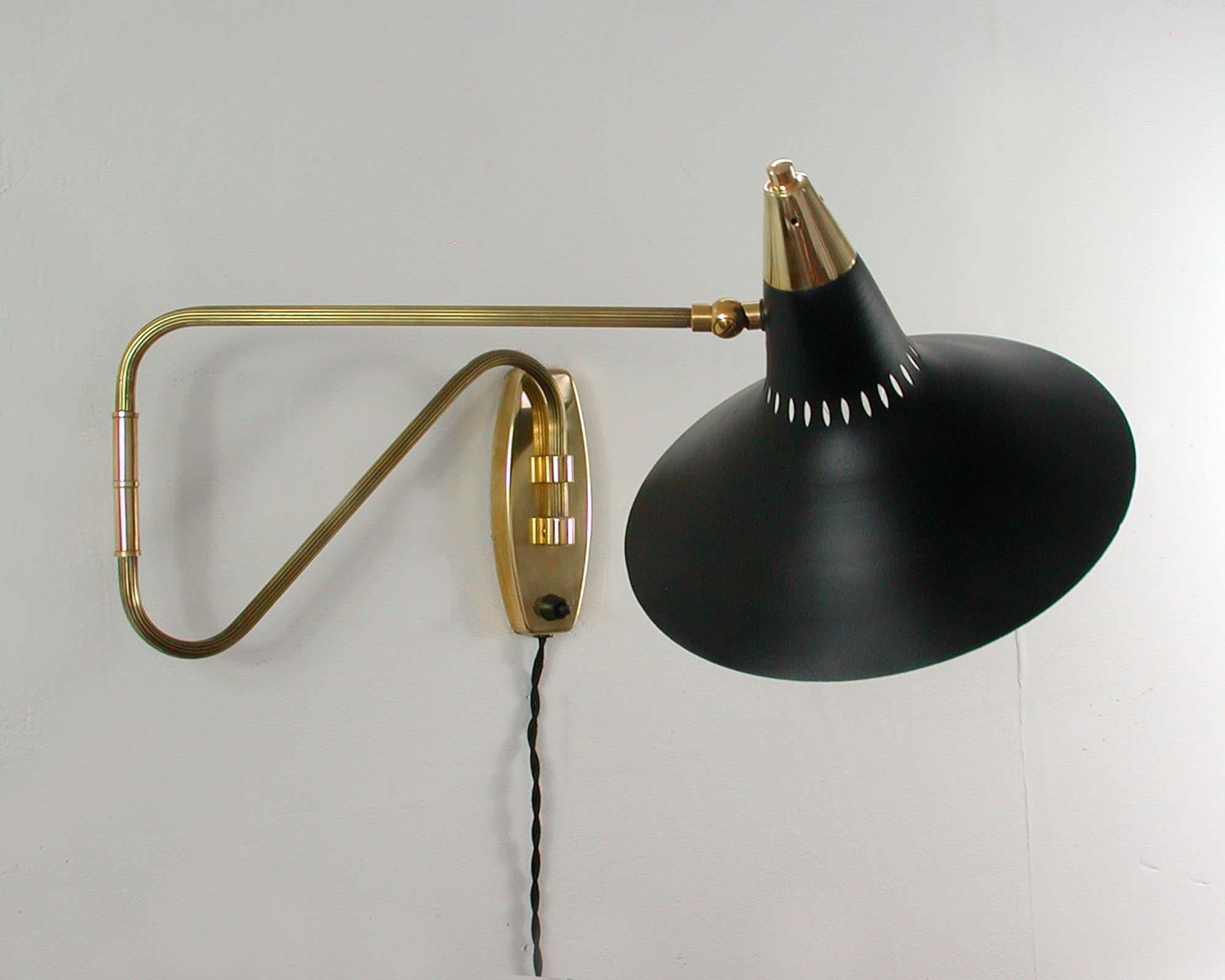 Midcentury Swedish Black and Brass Articulating Wall Light Sconce, 1950s 3
