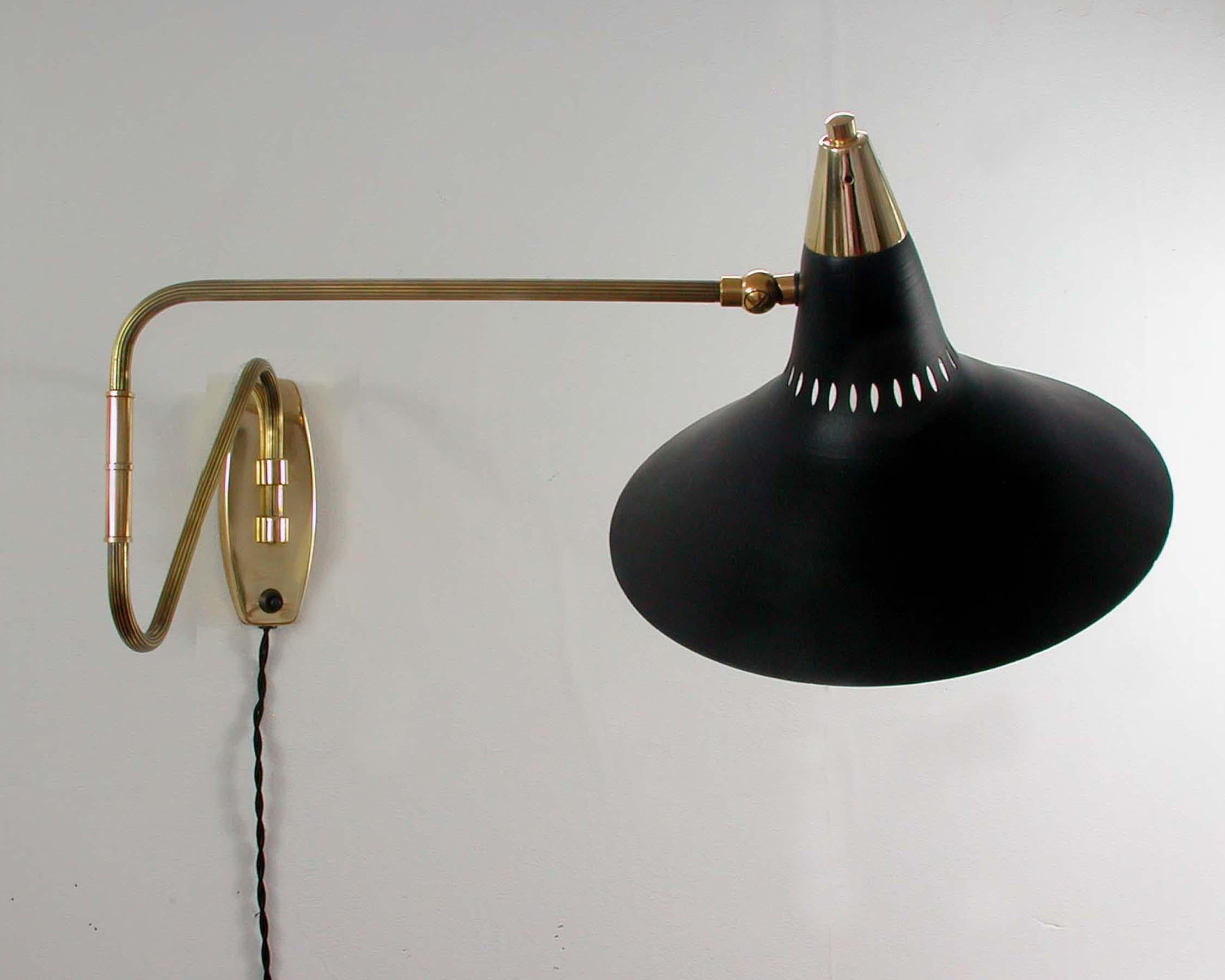 Lacquered Midcentury Swedish Black and Brass Articulating Wall Light Sconce, 1950s