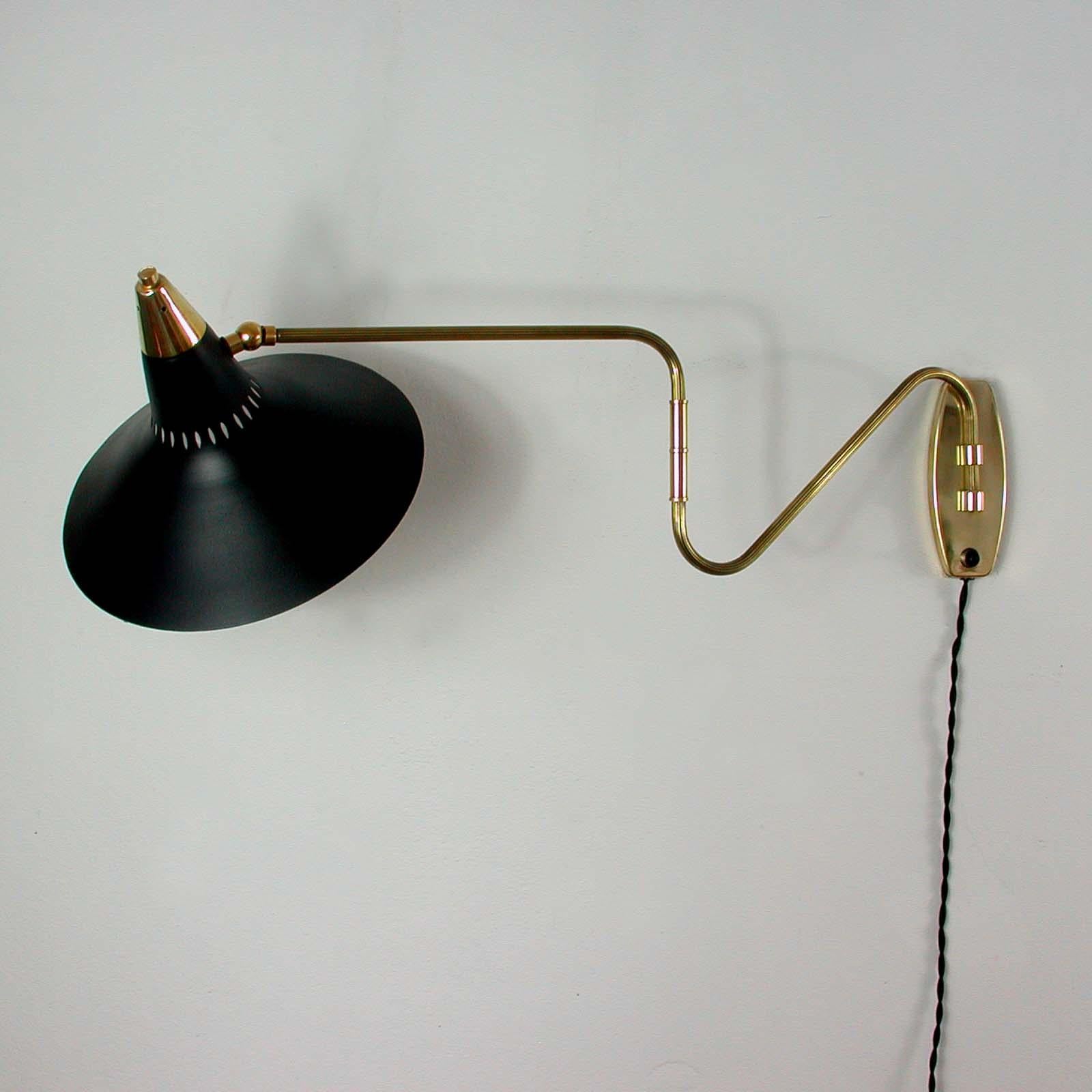 Metal Midcentury Swedish Black and Brass Articulating Wall Light Sconce, 1950s