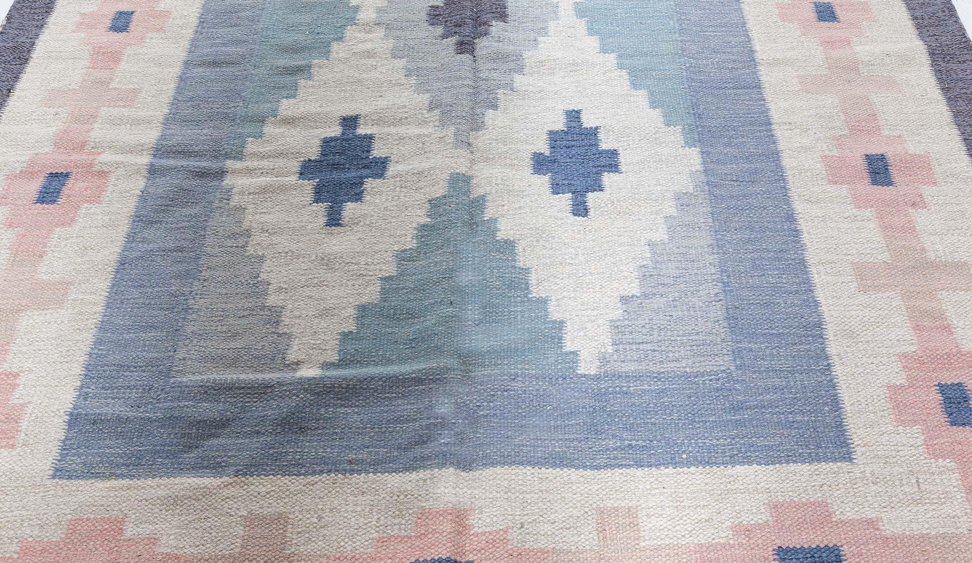 Scandinavian Mid-century Swedish Blue Handmade Wool Rug by A.J For Sale