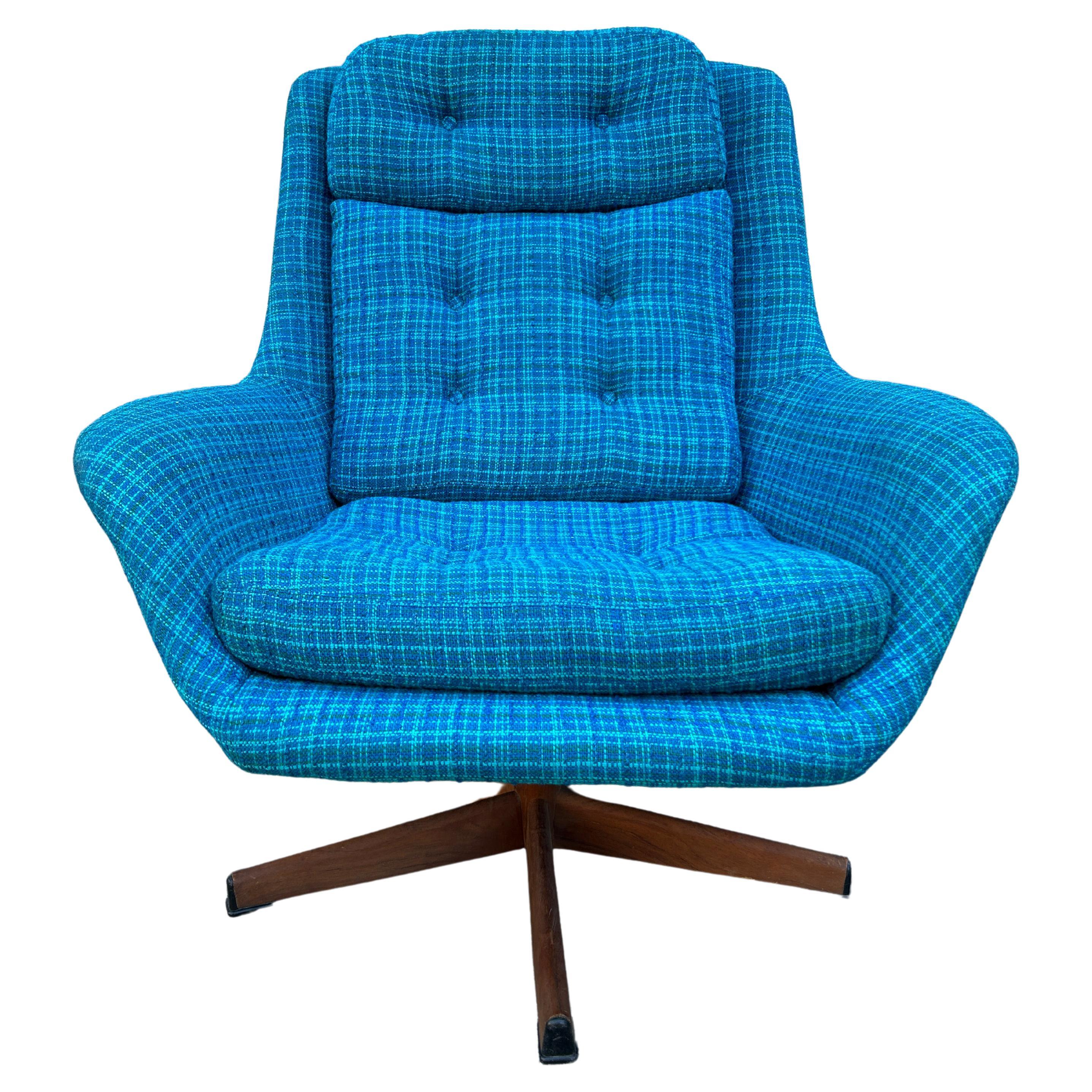 Mid Century Swedish Bright Blue Woven Upholstery Lounge Chair with Swivel Base