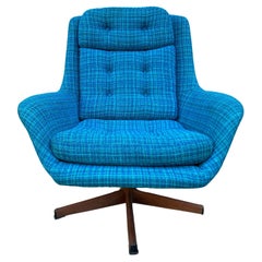 Mid Century Swedish Bright Blue Woven Upholstery Lounge Chair with Swivel Base