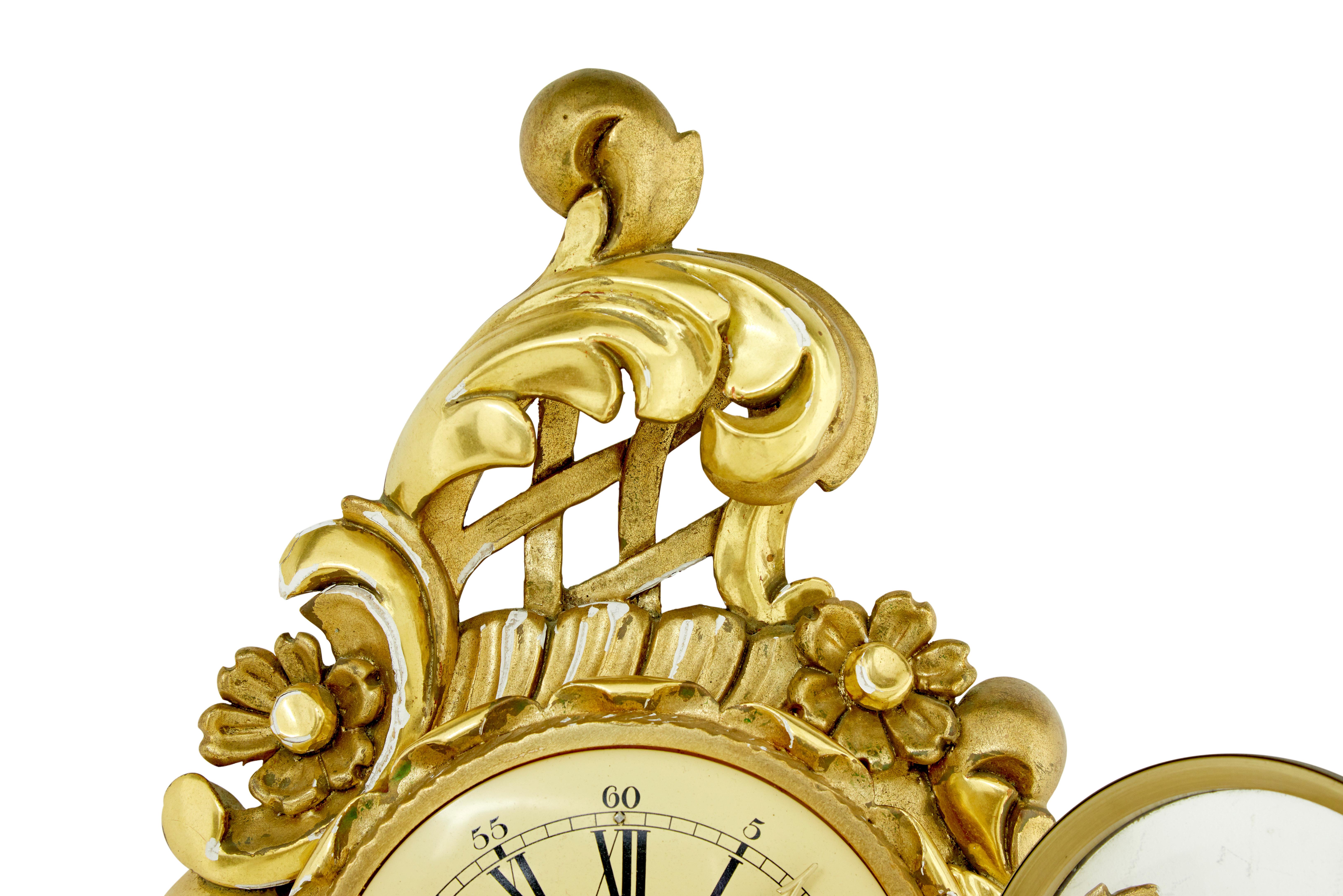 Rococo Mid century Swedish carved rococo revival gilt wall clock For Sale