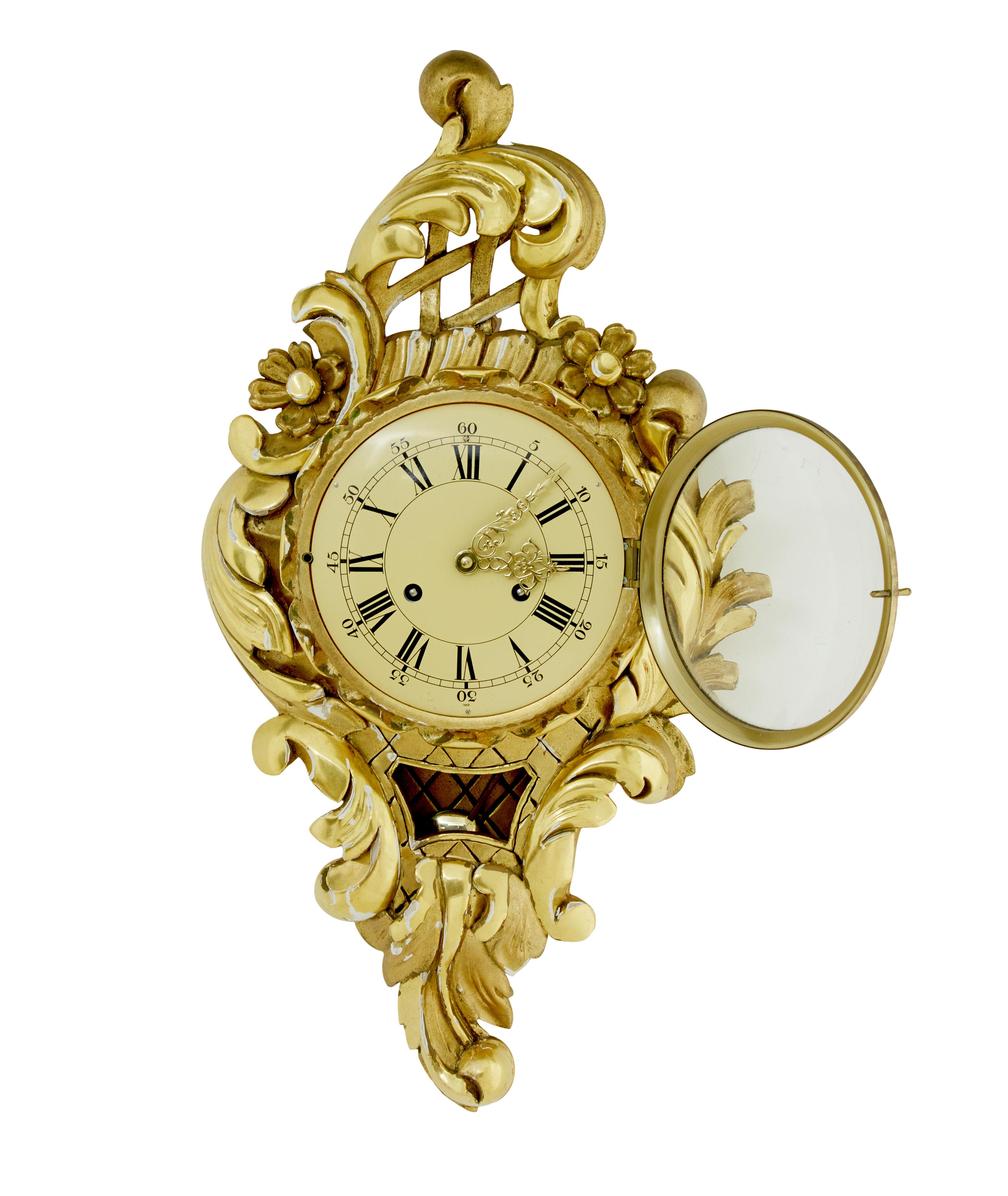 20th Century Mid century Swedish carved rococo revival gilt wall clock For Sale