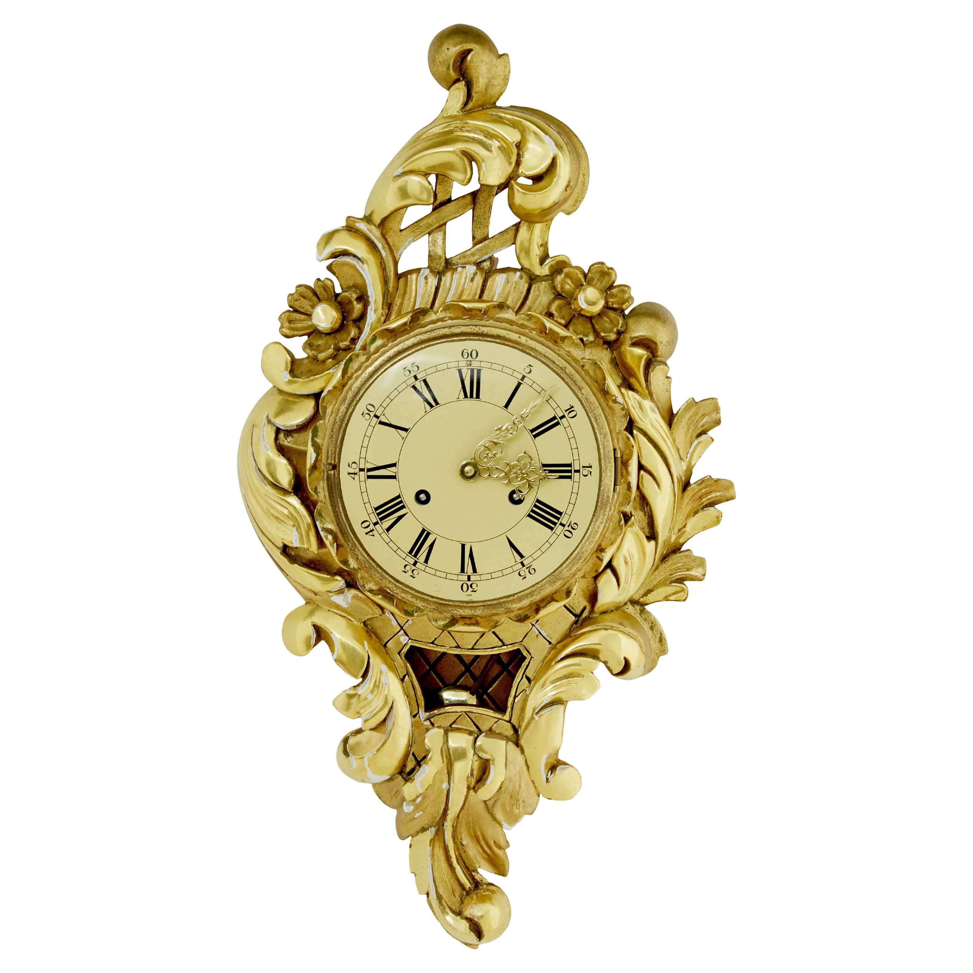 Mid century Swedish carved rococo revival gilt wall clock