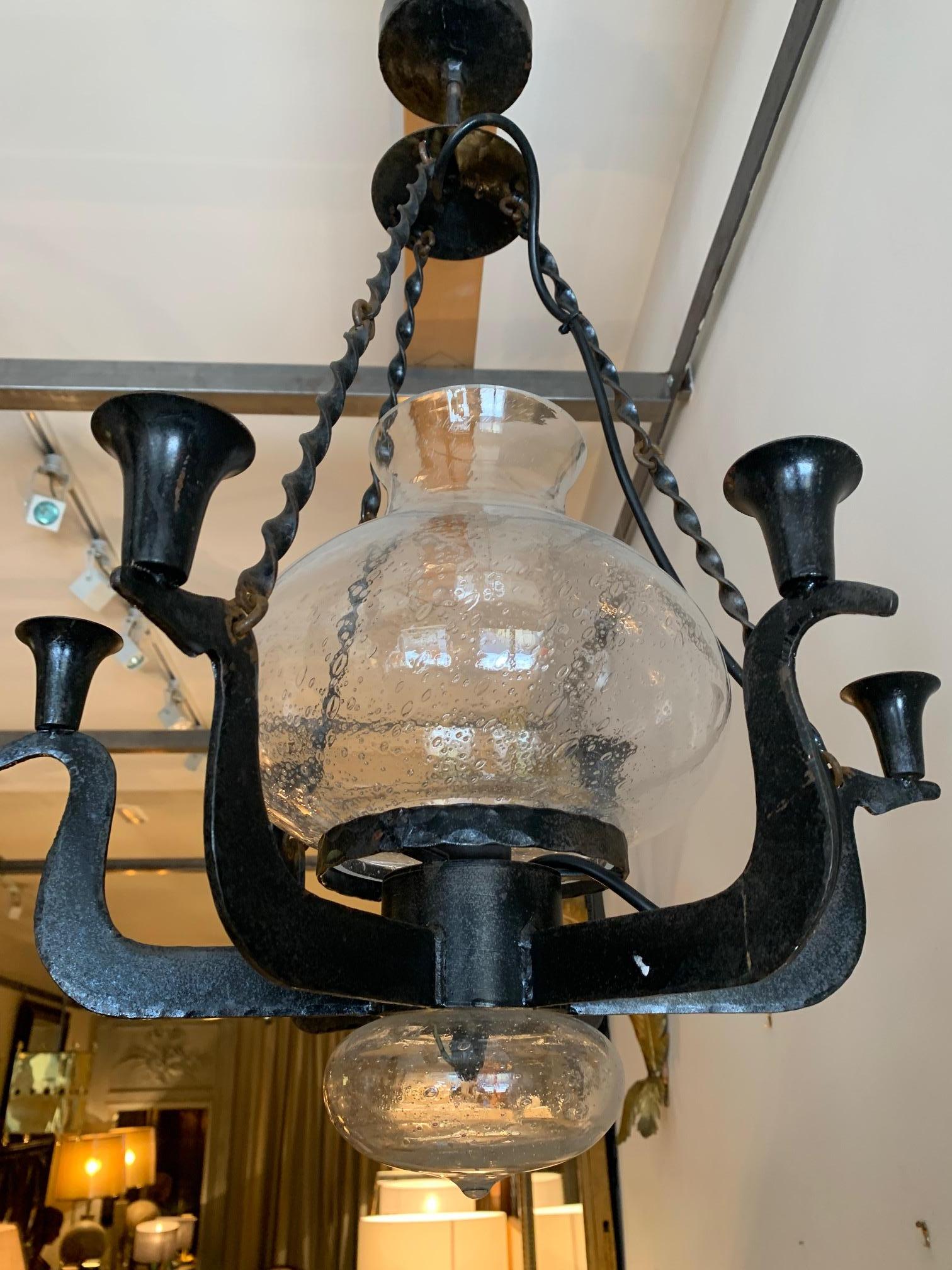 Mid Century Swedish Ceiling Lamp in Iron and Glass For Sale 10