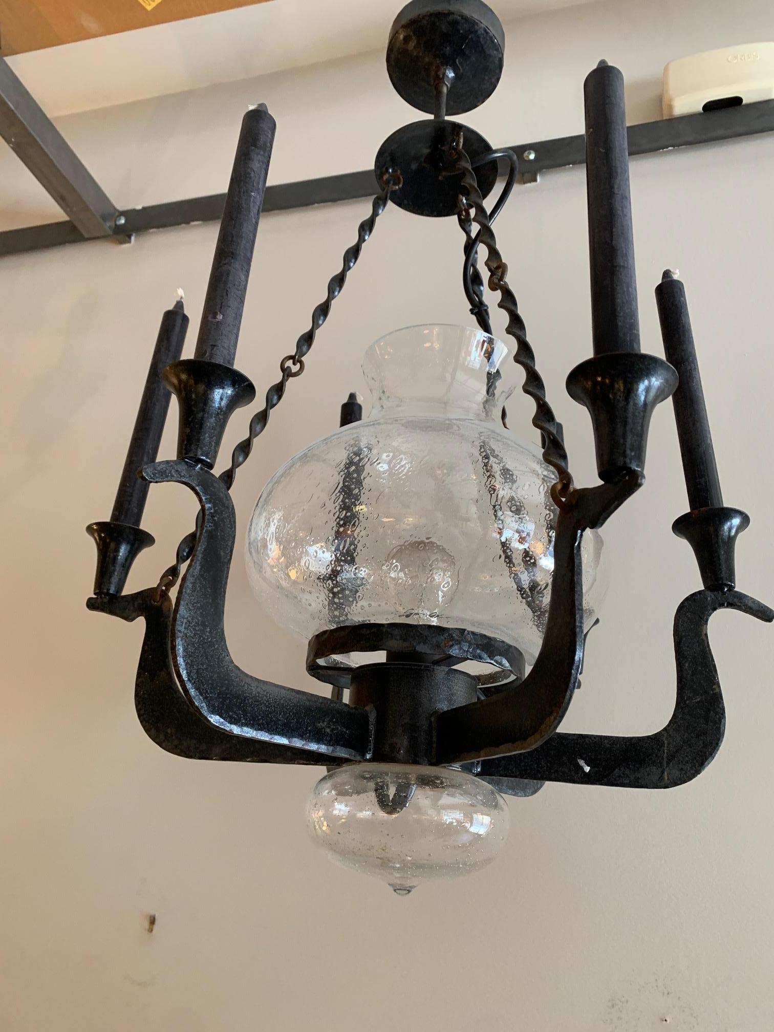 Mid Century Swedish Ceiling Lamp in Iron and Glass For Sale 11