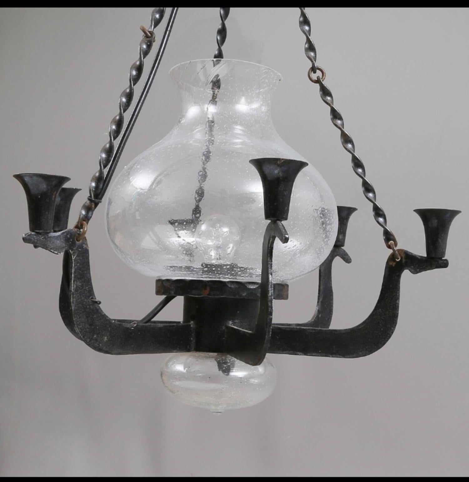 Mid Century Swedish Ceiling Lamp in Iron and Glass For Sale 12