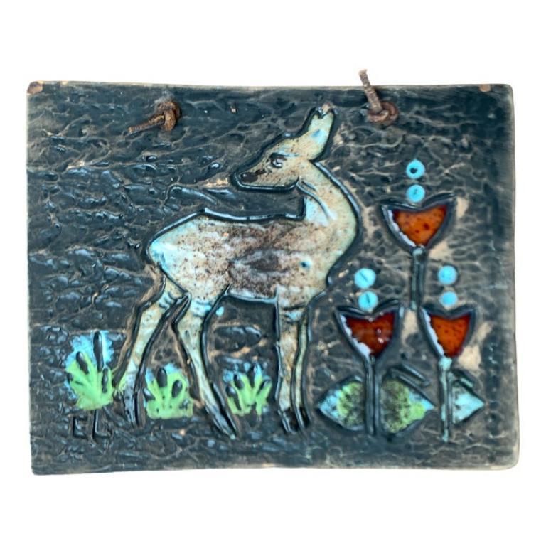 Mid-Century Swedish Ceramic Deer Motif Wall Plaque Tile by Eivor Lang, 1960s