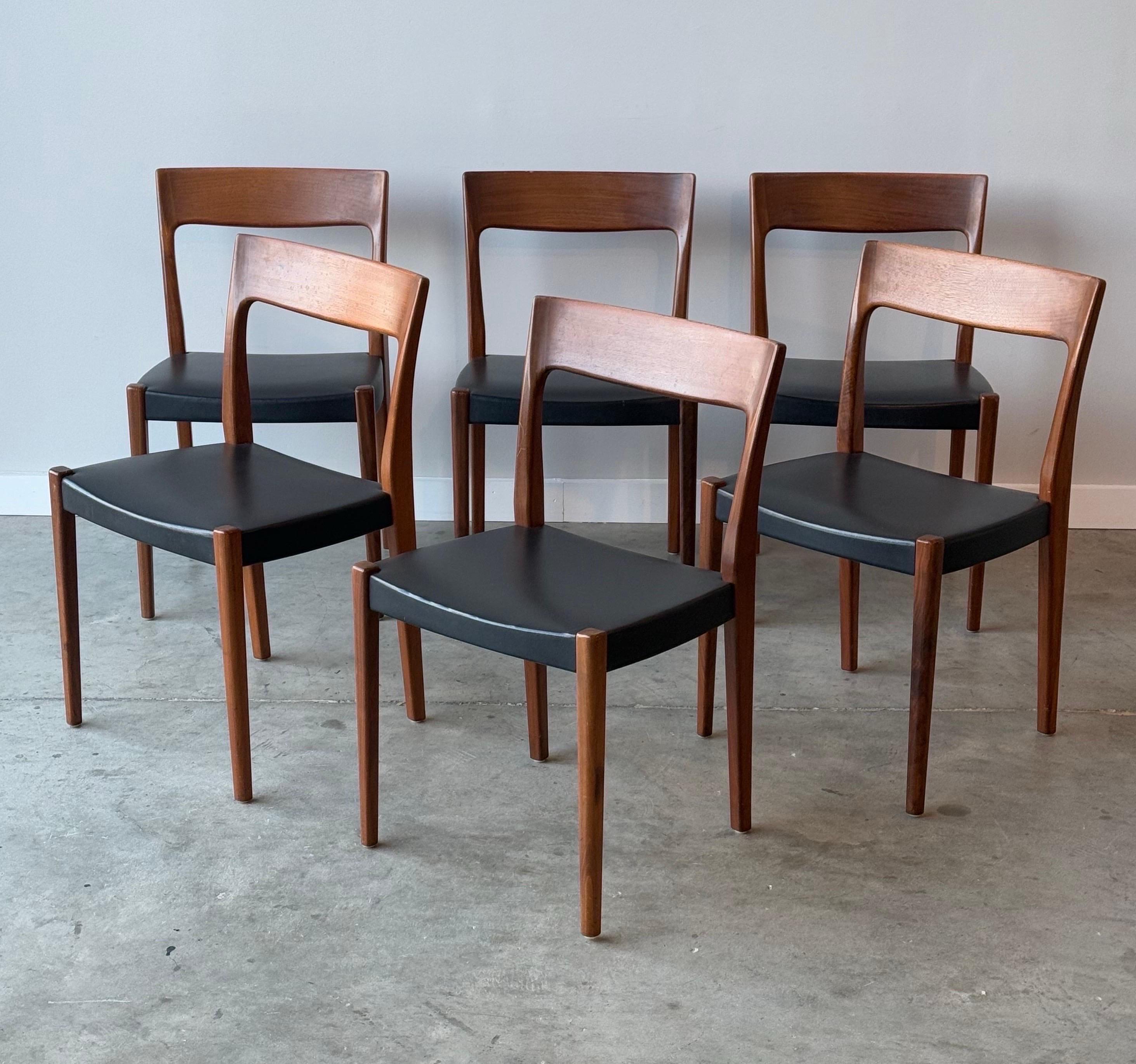 Set of six mid-century dining chairs. Made from teak wood by Svegards Markaryd of Sweden. The chair frame is simple and streamlined, but that does not mean they are not stately. It’s in the finer details that make these chairs unique. Wonderful from