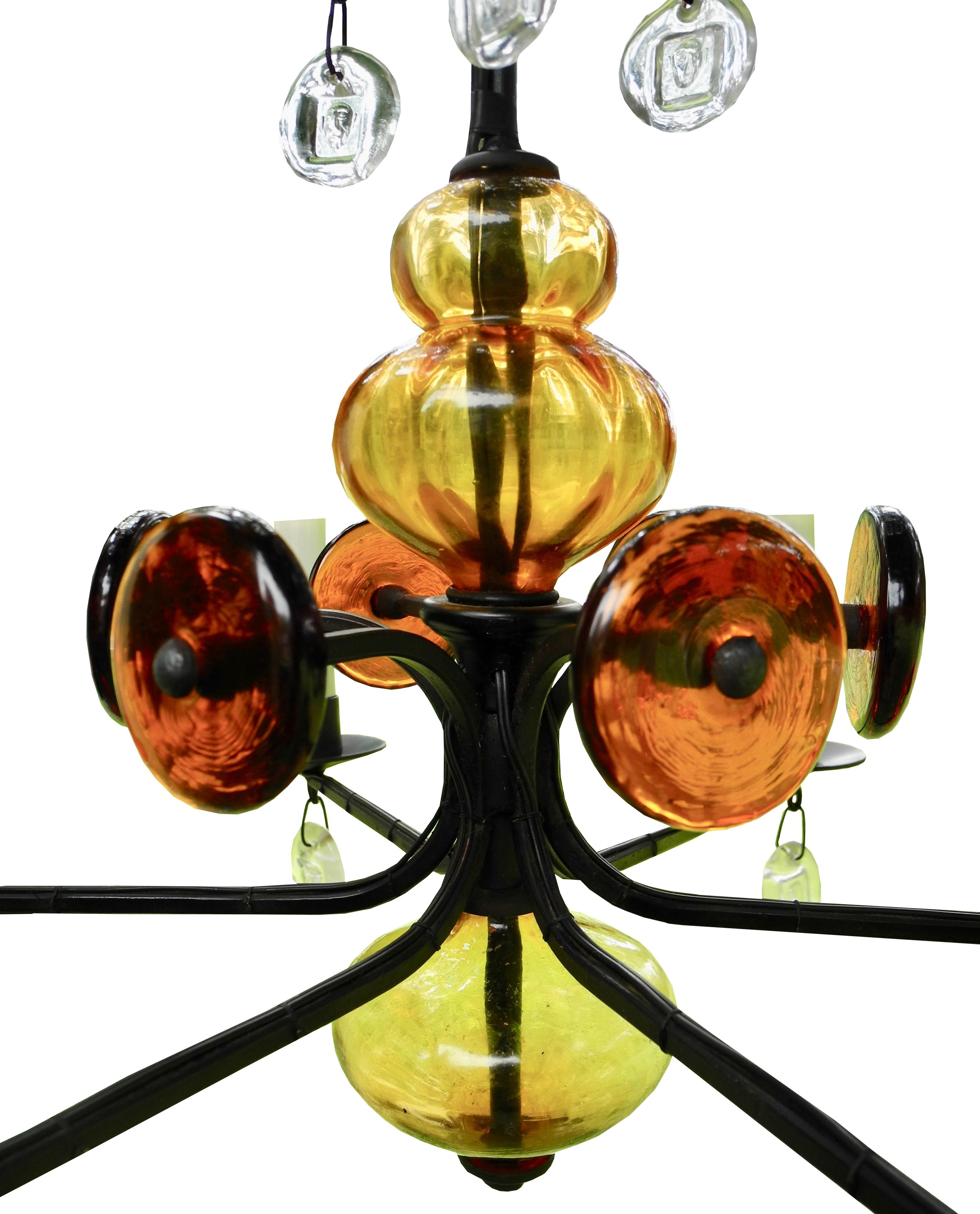 Mid-Century Swedish Glass and Iron Chandelier by Eric Hoglund for Kosta Boda In Good Condition In Hudson, NY