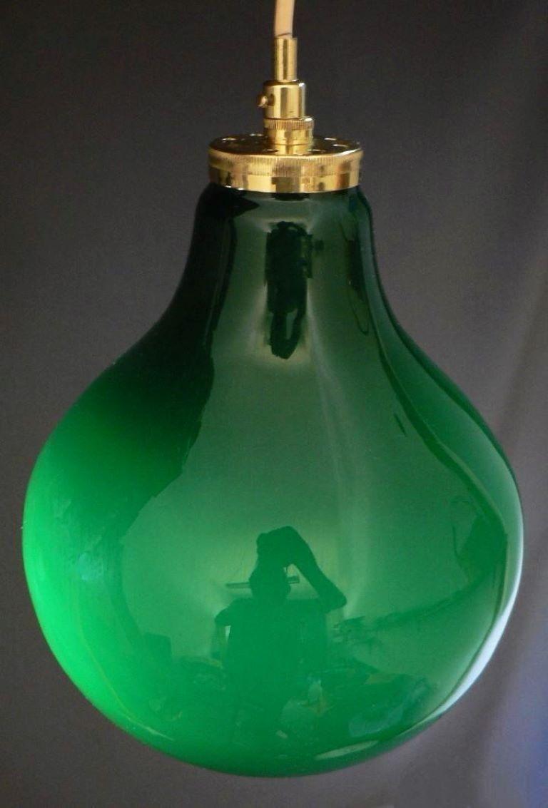 Scandinavian Midcentury Swedish Green Opaline Glass Brass Large Bulb-Shaped Pendant, 1960s For Sale