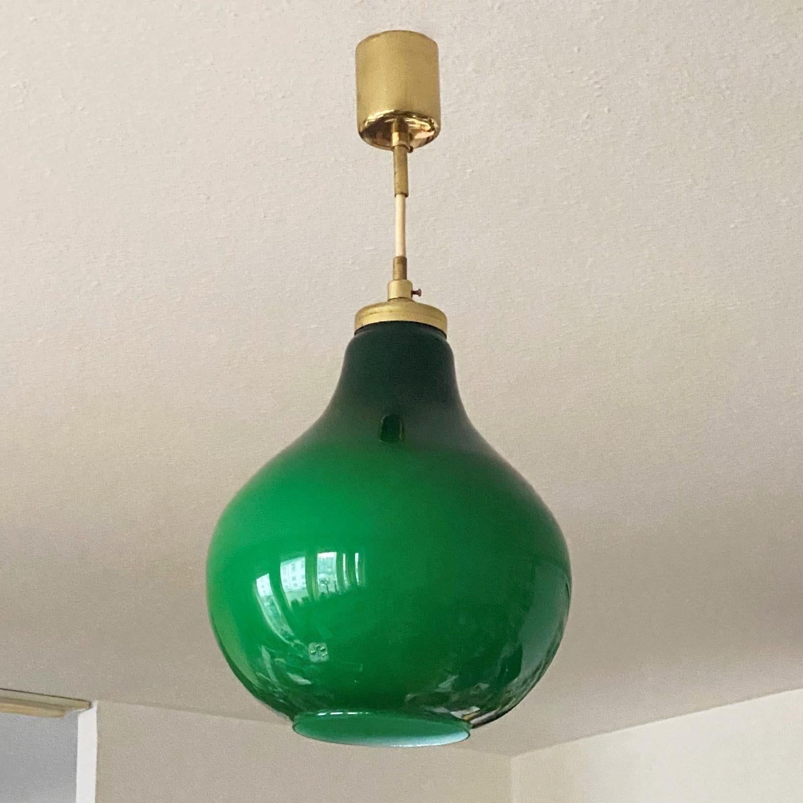 Midcentury Swedish Green Opaline Glass Brass Large Bulb-Shaped Pendant, 1960s In Good Condition For Sale In Frankfurt am Main, DE