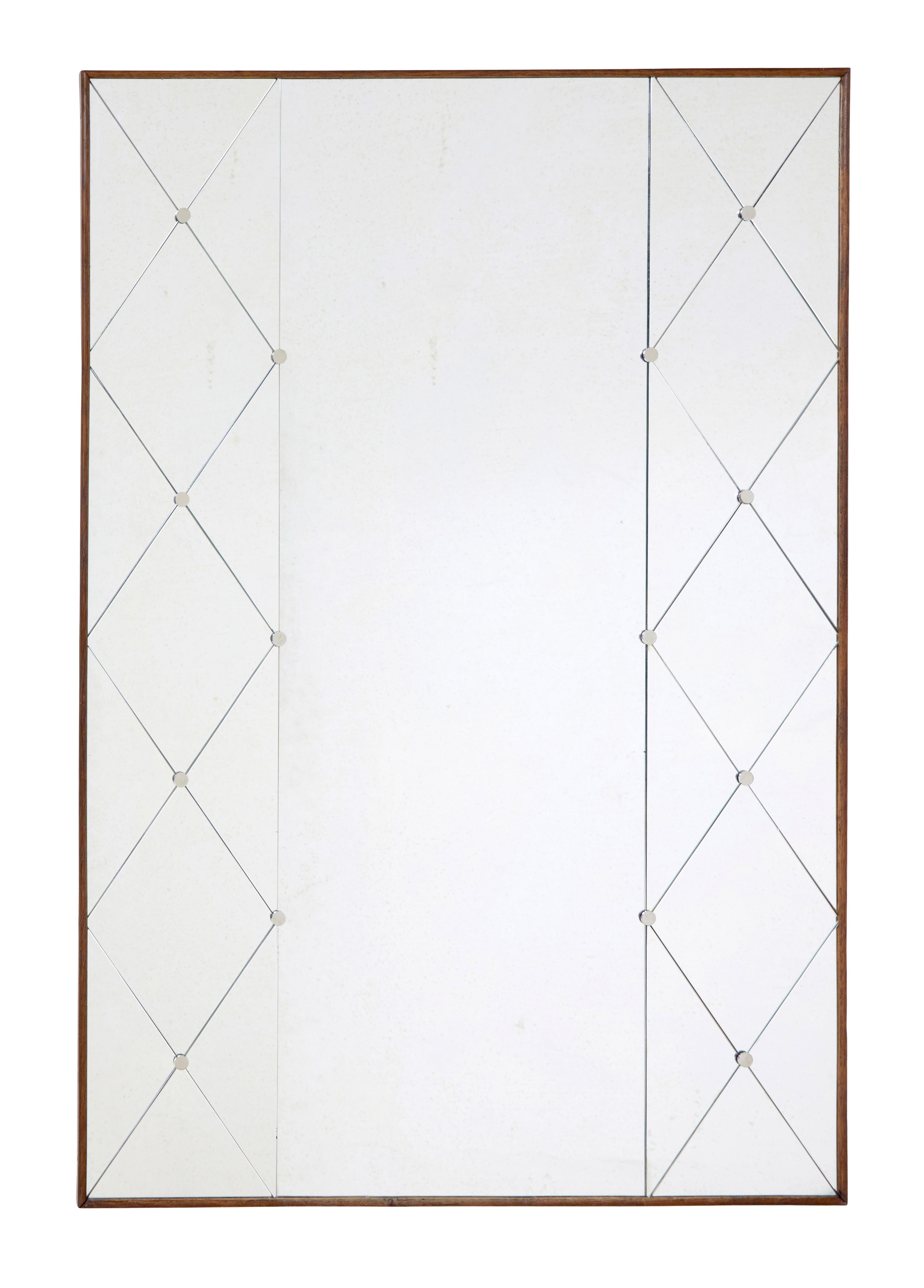 Mid century Swedish harlequin mirror in oak frame In Good Condition In Debenham, Suffolk