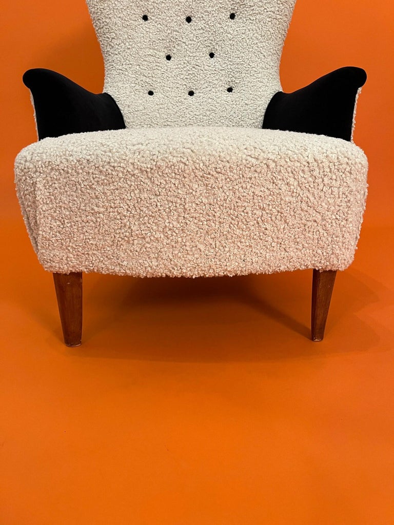 Midcentury, Swedish High-Back Lounge Chair with New Upholstery Bouclé off White For Sale at 1stDibs
