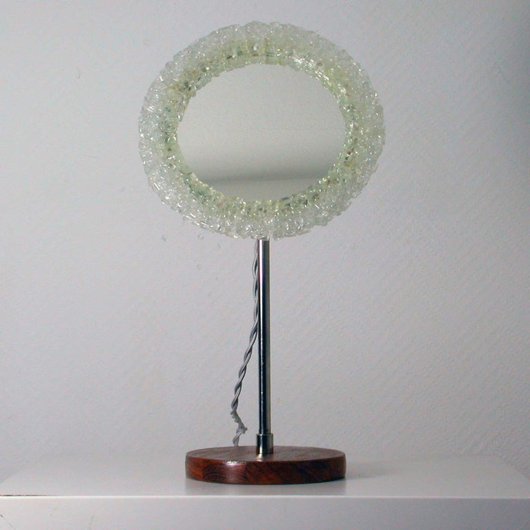 Mid-Century Modern Midcentury Swedish Ice Glass Acrylic and Teak Backlit Table Mirror, 1960s For Sale