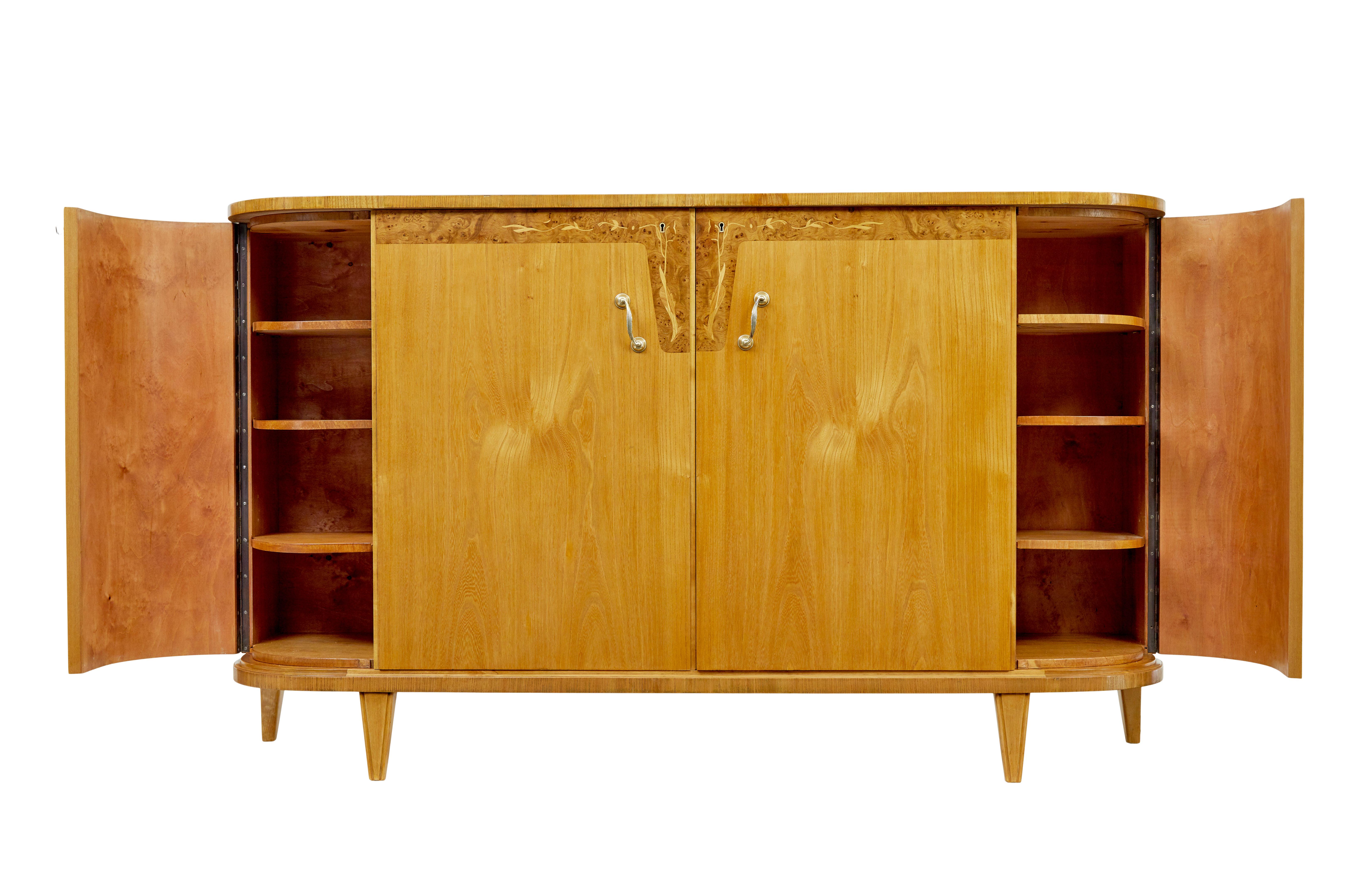 Carved Mid century Swedish inlaid elm sideboard For Sale