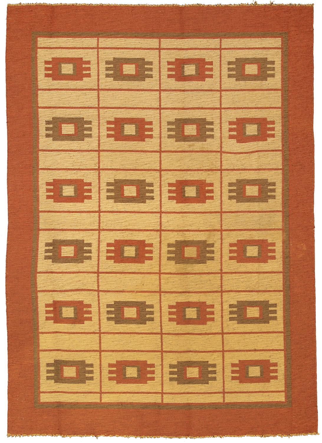This is a mid-century Swedish kilim woven circa circa 1950 and it measures 230 X 166 CM. It features an interesting double face design and a nice geometric shapes. This fabulous kilim is a perfect example of the best principles of northern style -