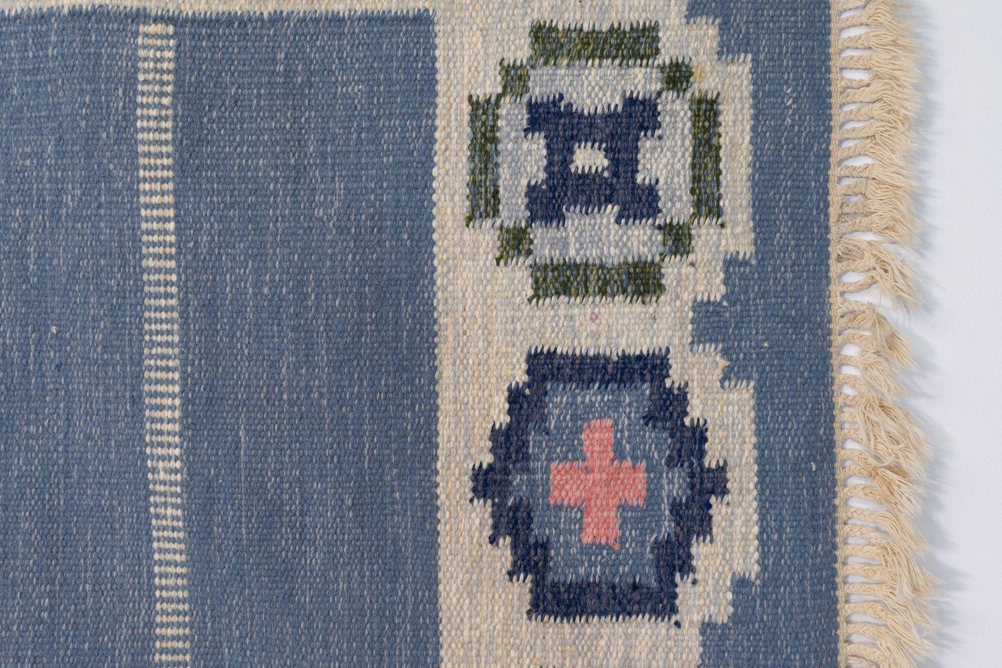 Mid-Century Modern Mid-Century Swedish Kilim in Blue and Cream For Sale