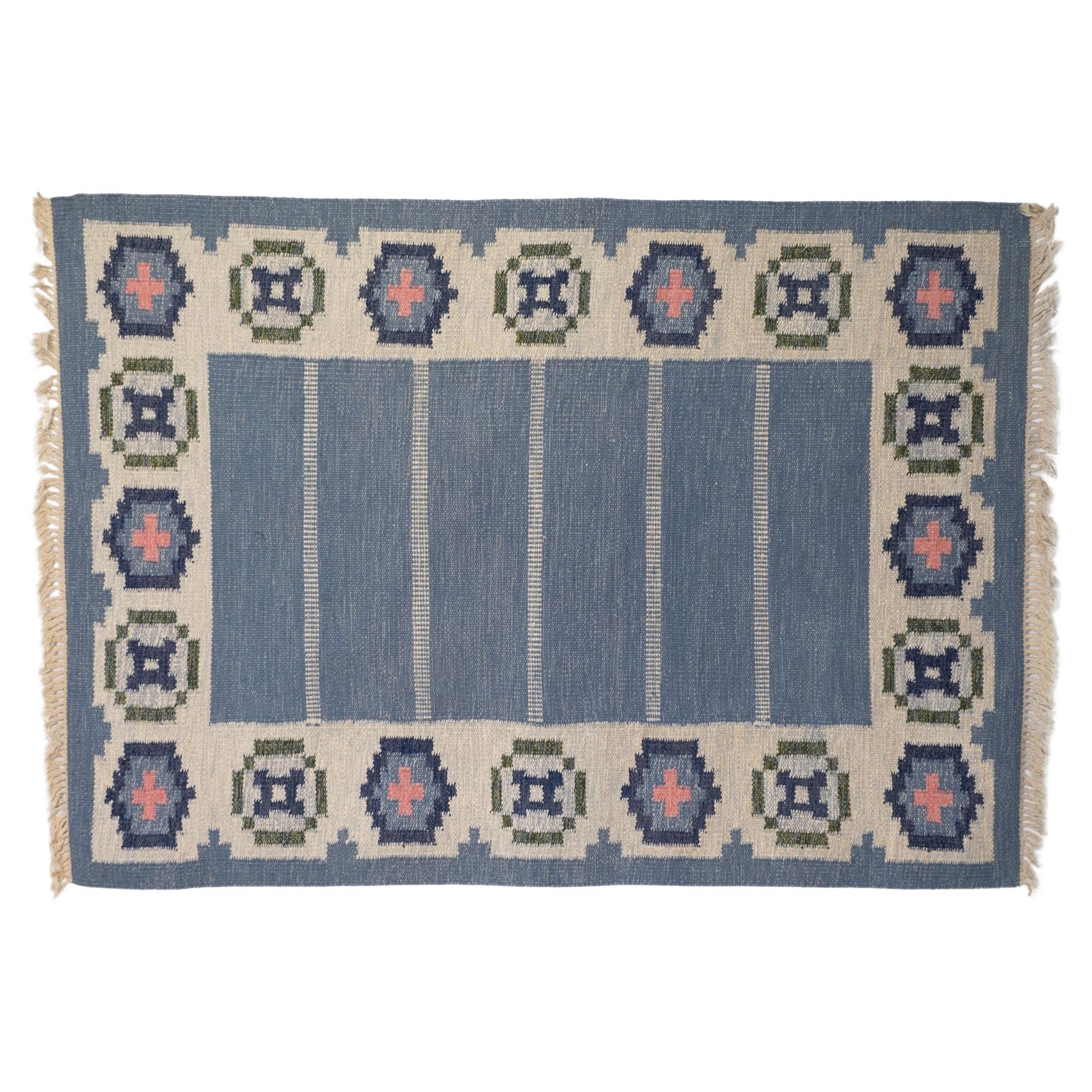Mid-Century Swedish Kilim in Blue and Cream