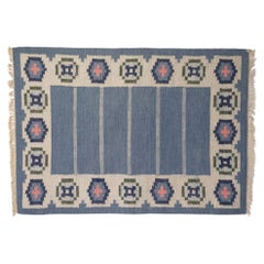 Mid-Century Swedish Kilim in Blue and Cream