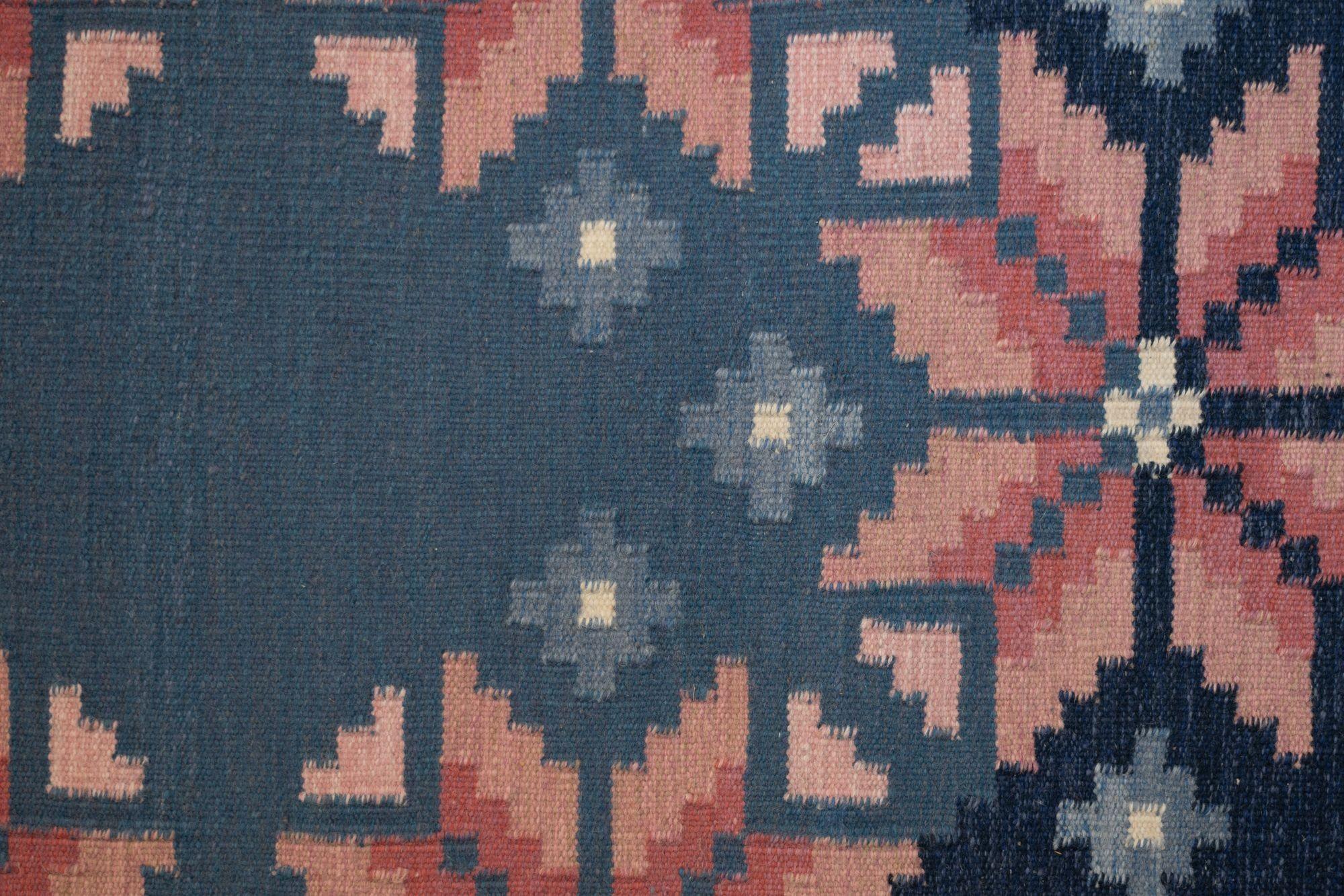 Mid-Century Modern Mid-Century Swedish Kilim in Navy and Pink For Sale