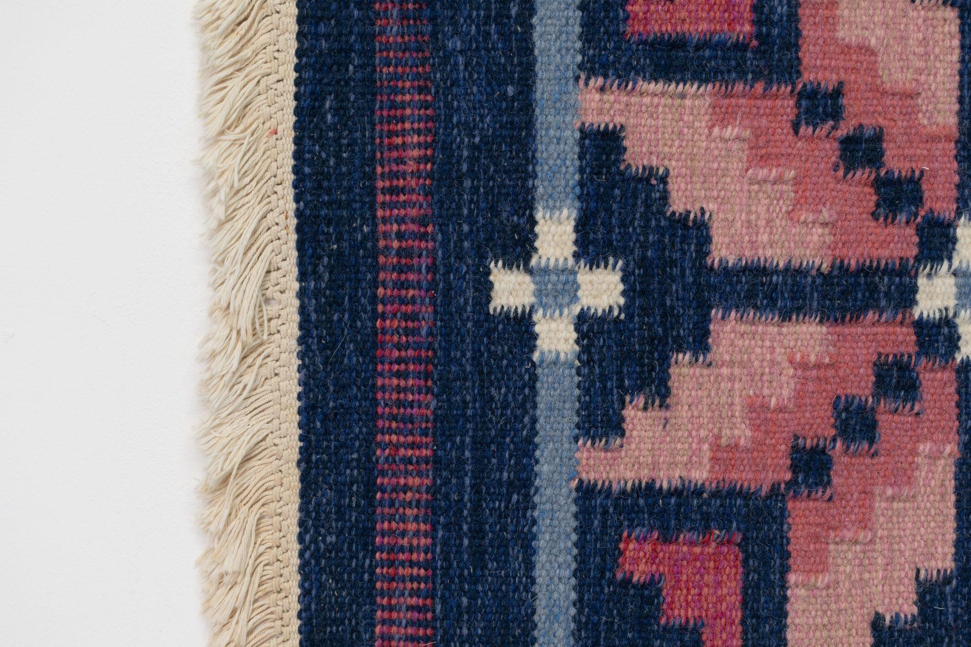 Hand-Woven Mid-Century Swedish Kilim in Navy and Pink For Sale